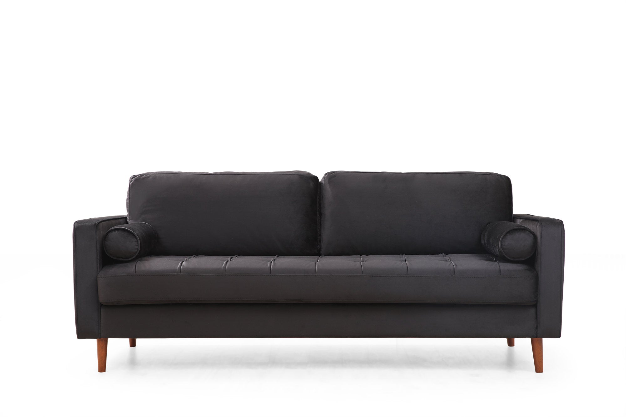 Sofá elegante de 3 lugares, estrutura de madeira de faia e aglomerado, 215 cm | 100% poliéster, espuma cinza e almofadas de silicone | Design elegante em preto e carvalho, perfeito para espaços modernos