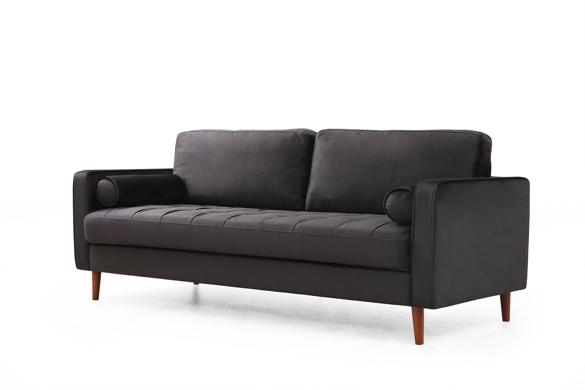 Sofá elegante de 3 lugares, estrutura de madeira de faia e aglomerado, 215 cm | 100% poliéster, espuma cinza e almofadas de silicone | Design elegante em preto e carvalho, perfeito para espaços modernos
