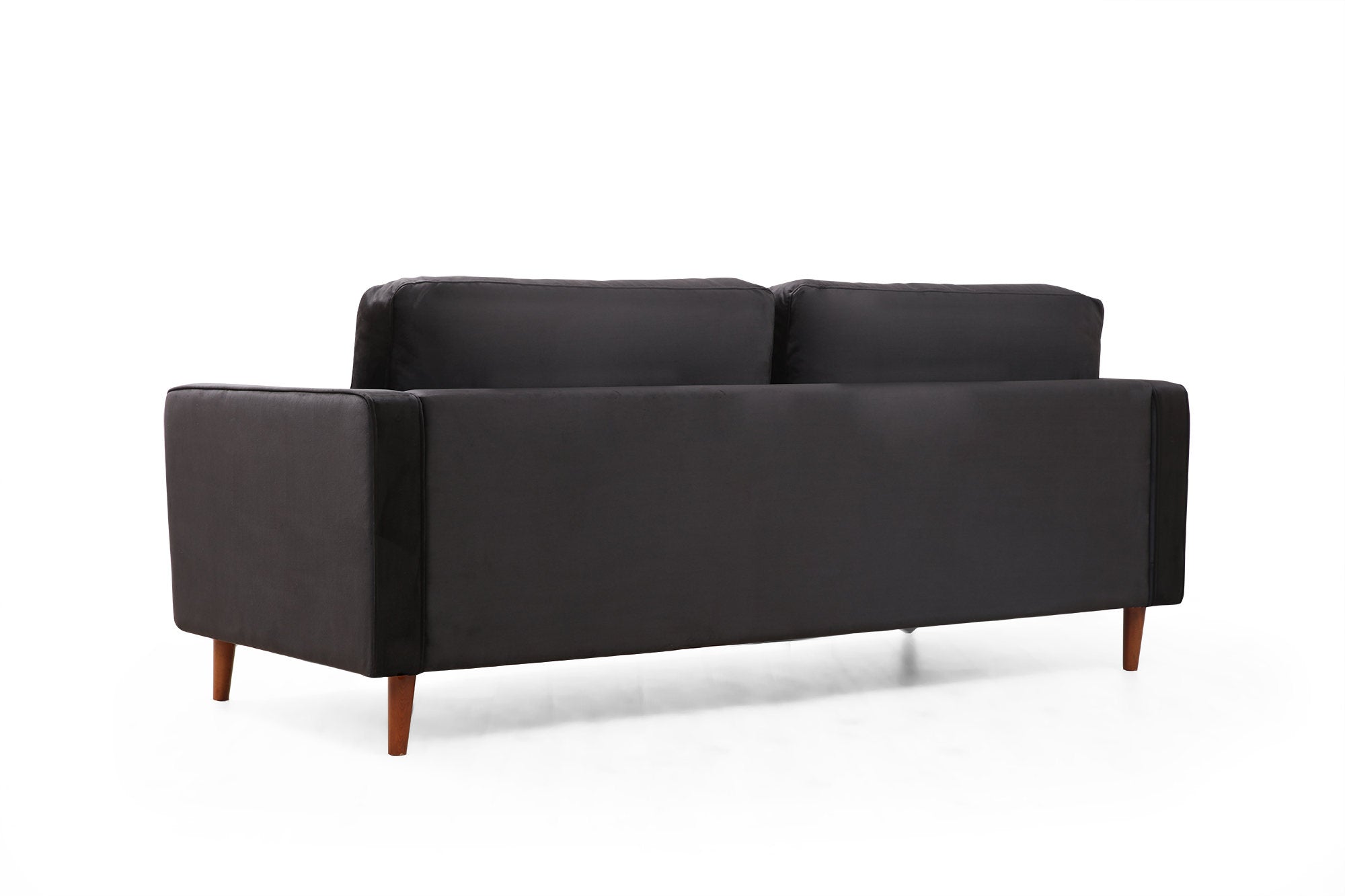 Sofá elegante de 3 lugares, estrutura de madeira de faia e aglomerado, 215 cm | 100% poliéster, espuma cinza e almofadas de silicone | Design elegante em preto e carvalho, perfeito para espaços modernos