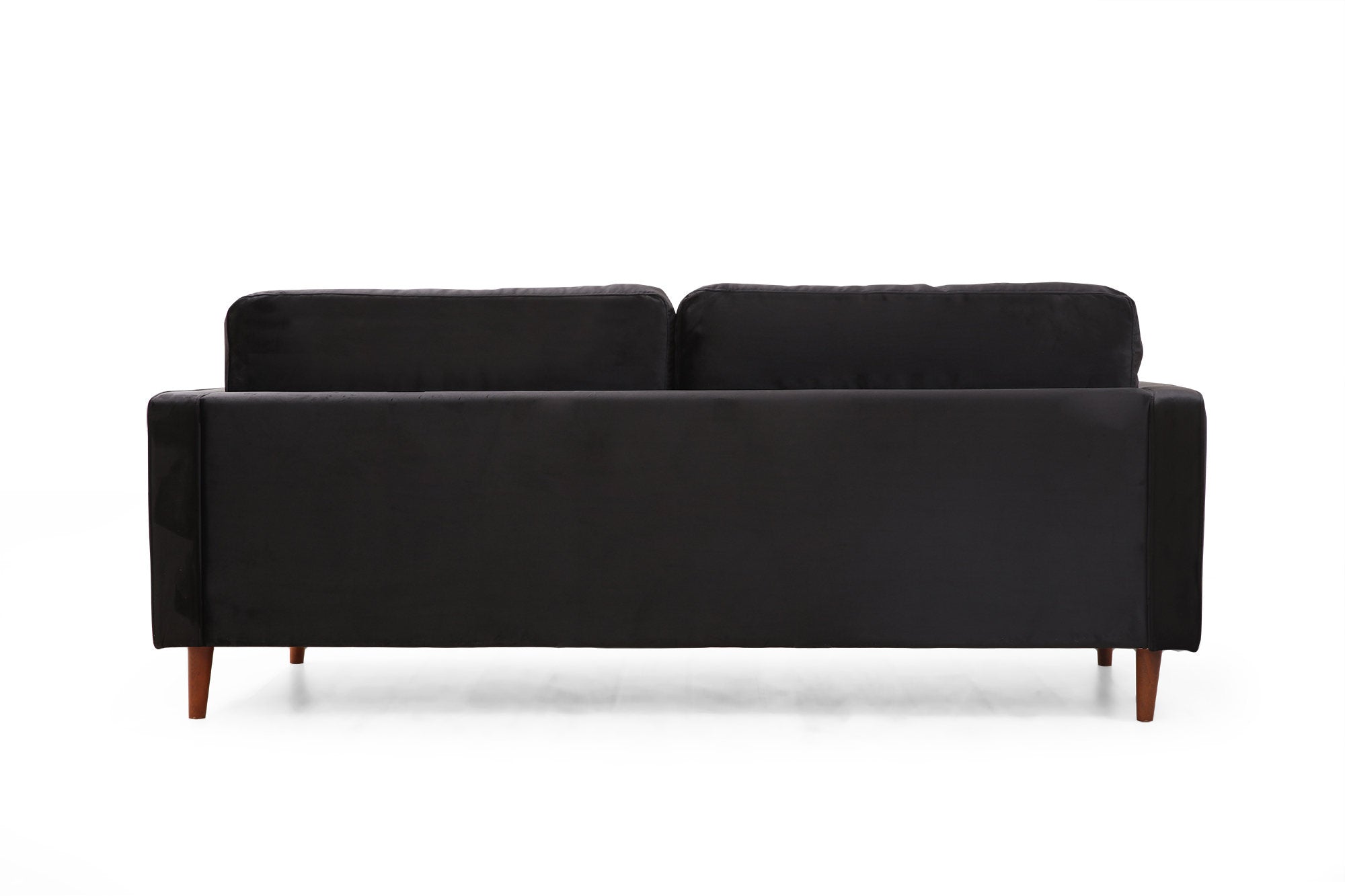 Sofá elegante de 3 lugares, estrutura de madeira de faia e aglomerado, 215 cm | 100% poliéster, espuma cinza e almofadas de silicone | Design elegante em preto e carvalho, perfeito para espaços modernos