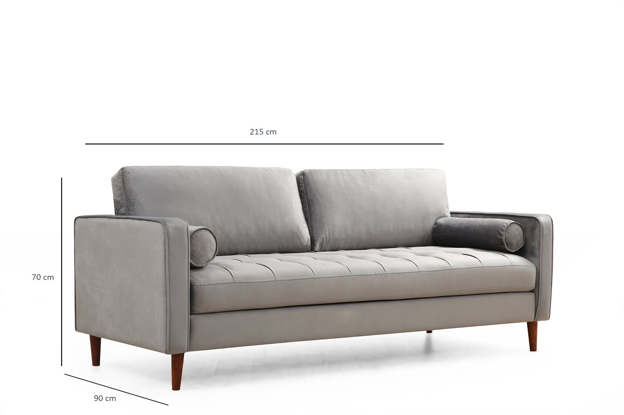 Sofá elegante de 3 lugares, cinza claro, 215 x 90 x 70 cm | Estrutura em madeira de faia, 100% poliéster, pernas em nogueira | Almofadas de espuma confortáveis e 2 travesseiros incluídos