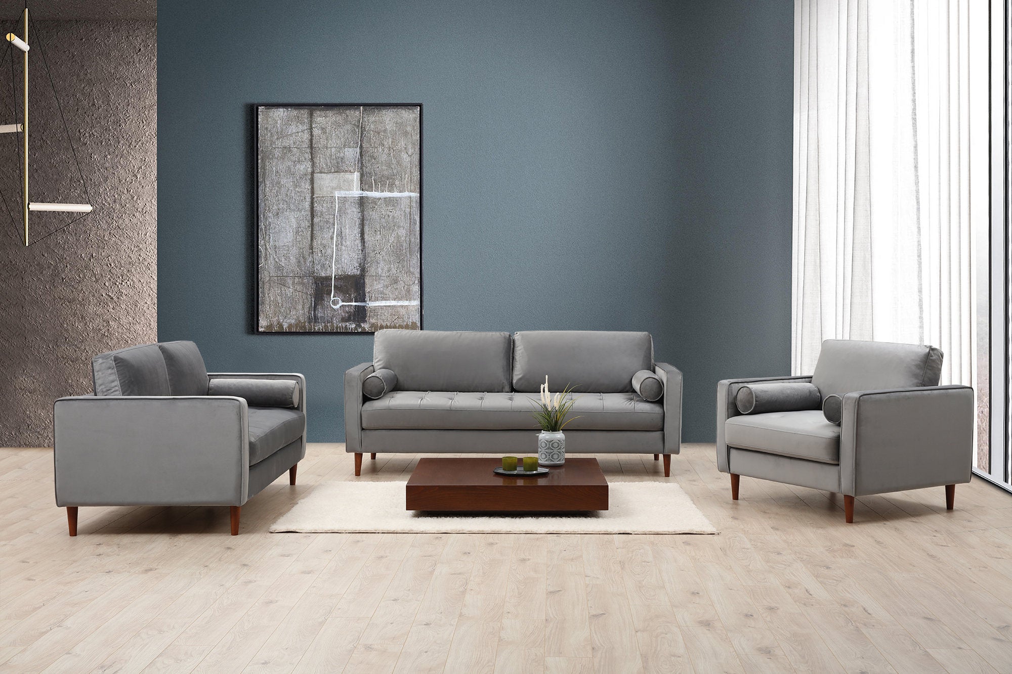 Sofá elegante de 3 lugares, cinza claro, 215 x 90 x 70 cm | Estrutura em madeira de faia, 100% poliéster, pernas em nogueira | Almofadas de espuma confortáveis e 2 travesseiros incluídos
