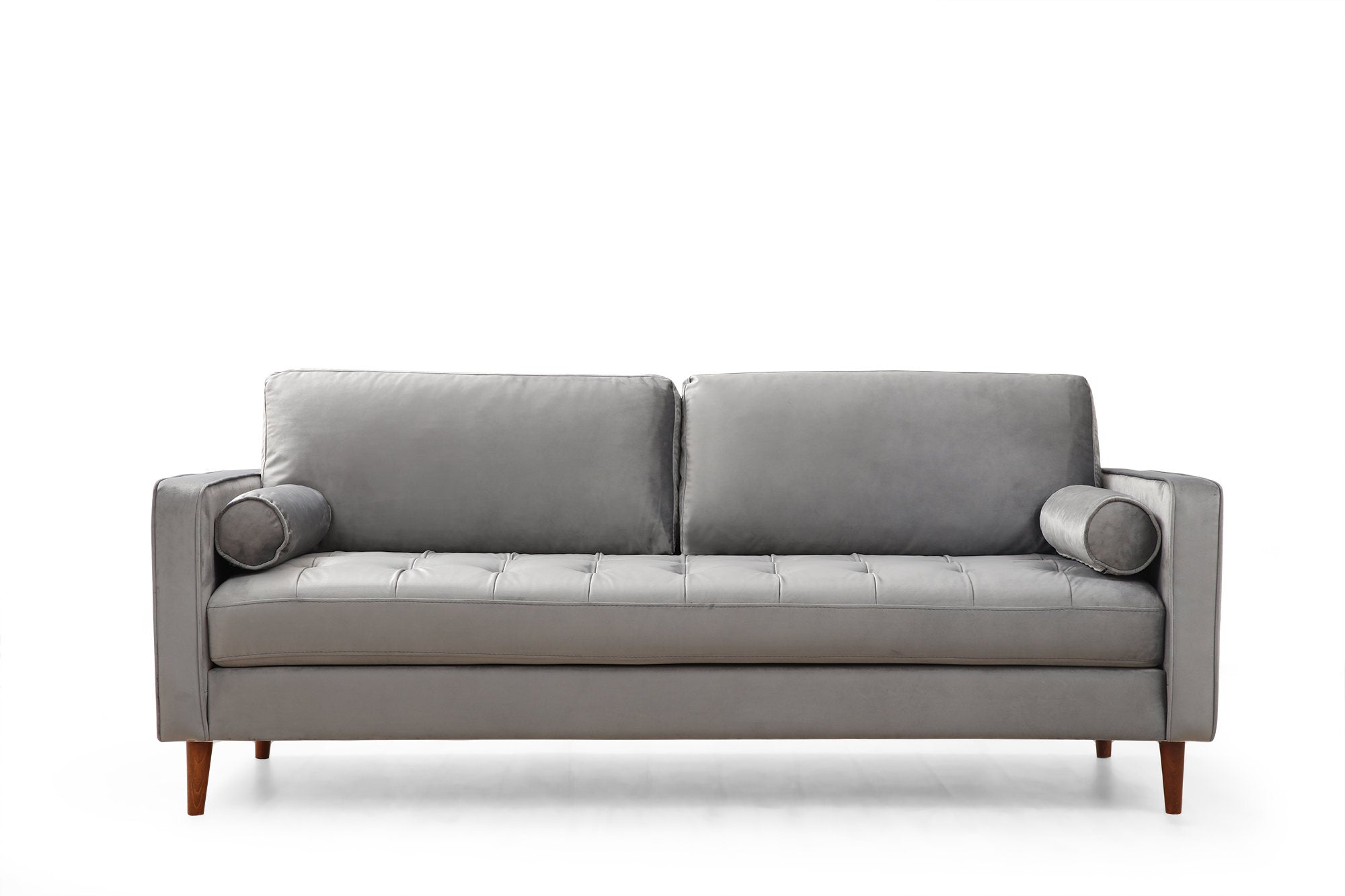 Sofá elegante de 3 lugares, cinza claro, 215 x 90 x 70 cm | Estrutura em madeira de faia, 100% poliéster, pernas em nogueira | Almofadas de espuma confortáveis e 2 travesseiros incluídos