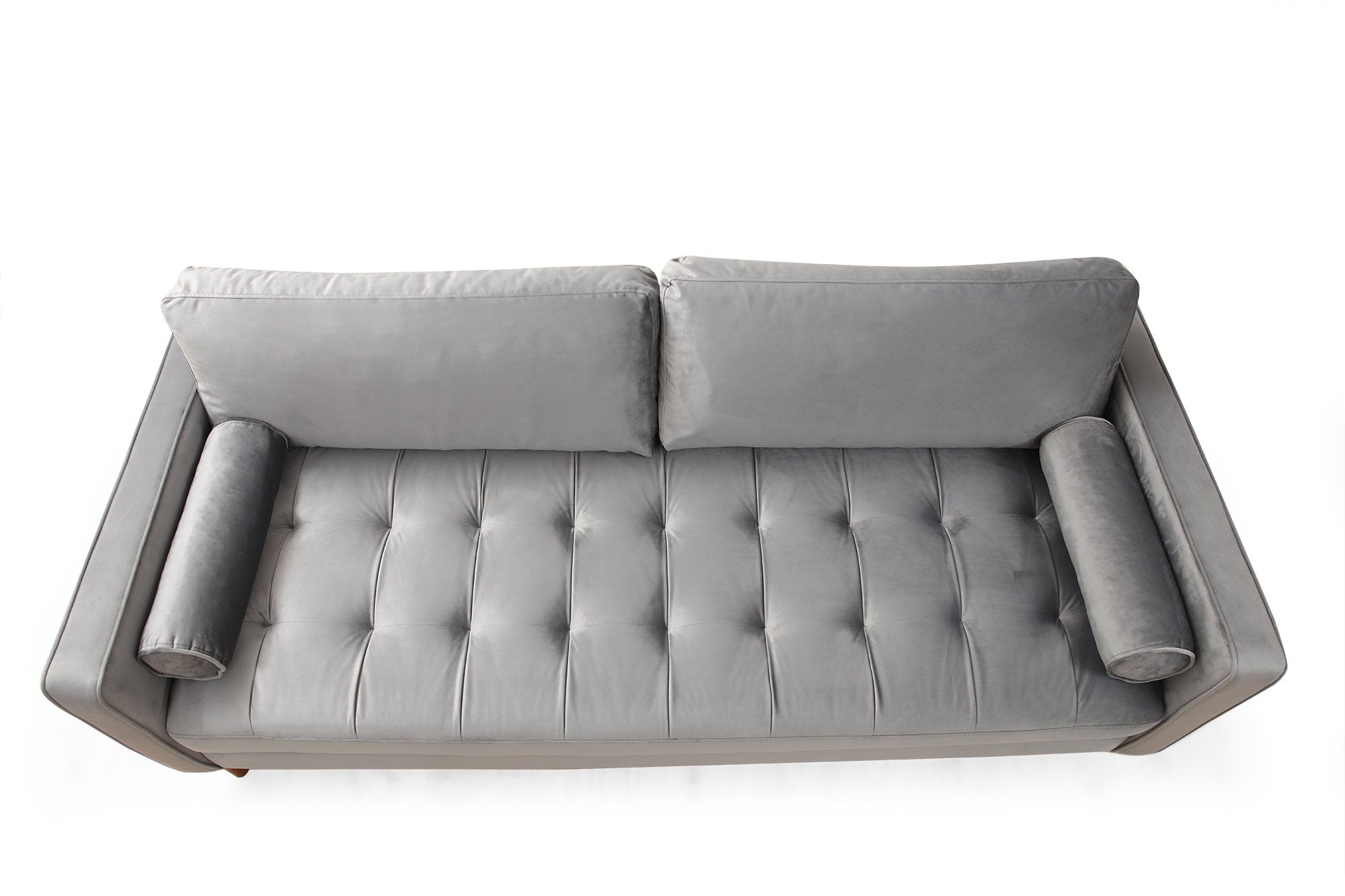 Sofá elegante de 3 lugares, cinza claro, 215 x 90 x 70 cm | Estrutura em madeira de faia, 100% poliéster, pernas em nogueira | Almofadas de espuma confortáveis e 2 travesseiros incluídos