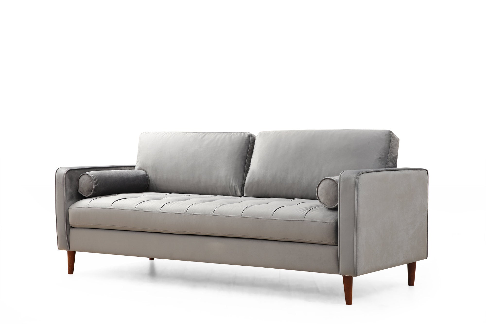 Sofá elegante de 3 lugares, cinza claro, 215 x 90 x 70 cm | Estrutura em madeira de faia, 100% poliéster, pernas em nogueira | Almofadas de espuma confortáveis e 2 travesseiros incluídos