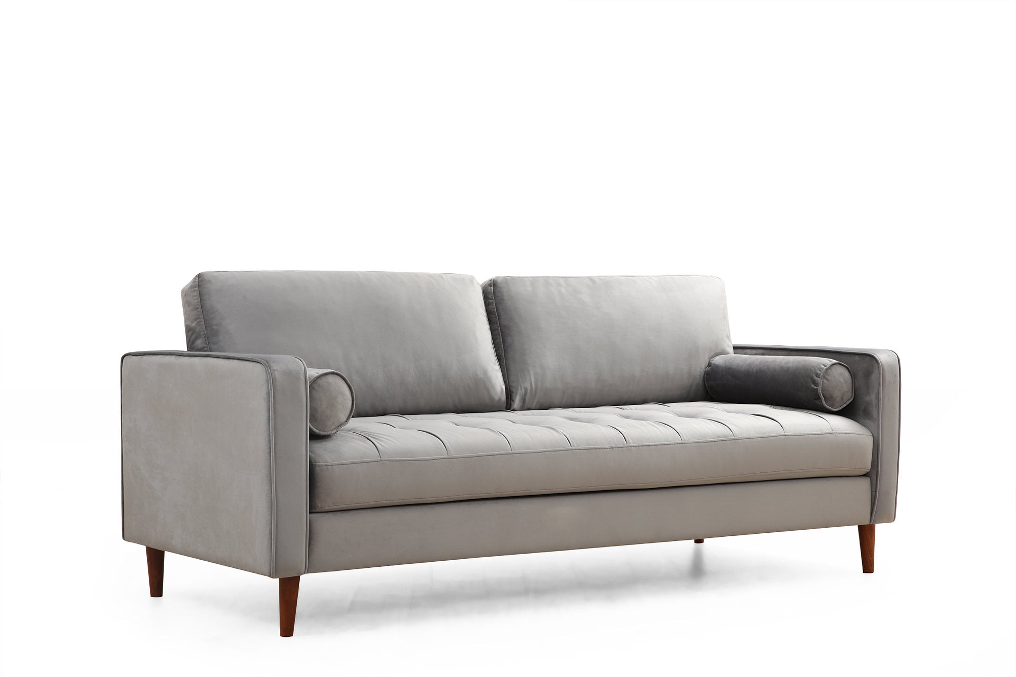 Sofá elegante de 3 lugares, cinza claro, 215 x 90 x 70 cm | Estrutura em madeira de faia, 100% poliéster, pernas em nogueira | Almofadas de espuma confortáveis e 2 travesseiros incluídos