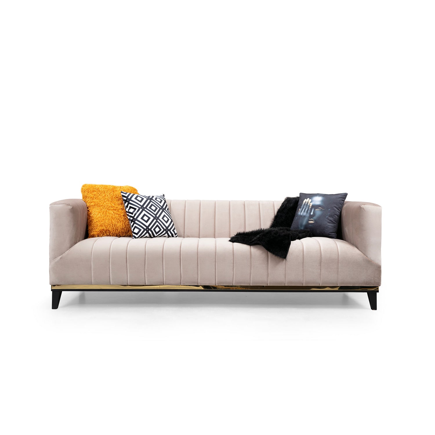 Sofá elegante de 3 lugares, bege, 222 x 89 x 75 cm | Estrutura em madeira de faia, 100% poliéster, 2 almofadas incluídas | Design glamoroso para espaços modernos