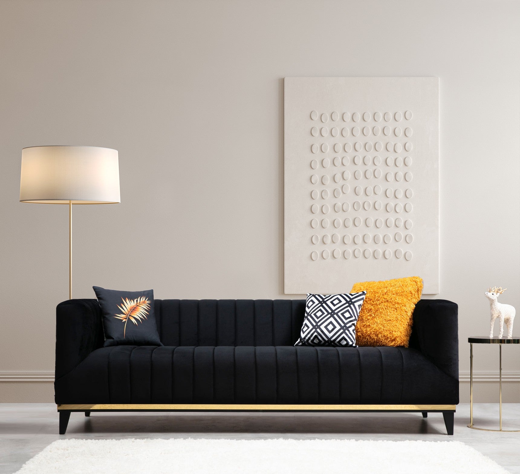 Sofá glamoroso de 3 lugares, estrutura de madeira de faia e aglomerado, 222 cm | 100% poliéster, almofadas fixas, design preto e dourado, inclui 2 almofadas, elegante e estiloso!