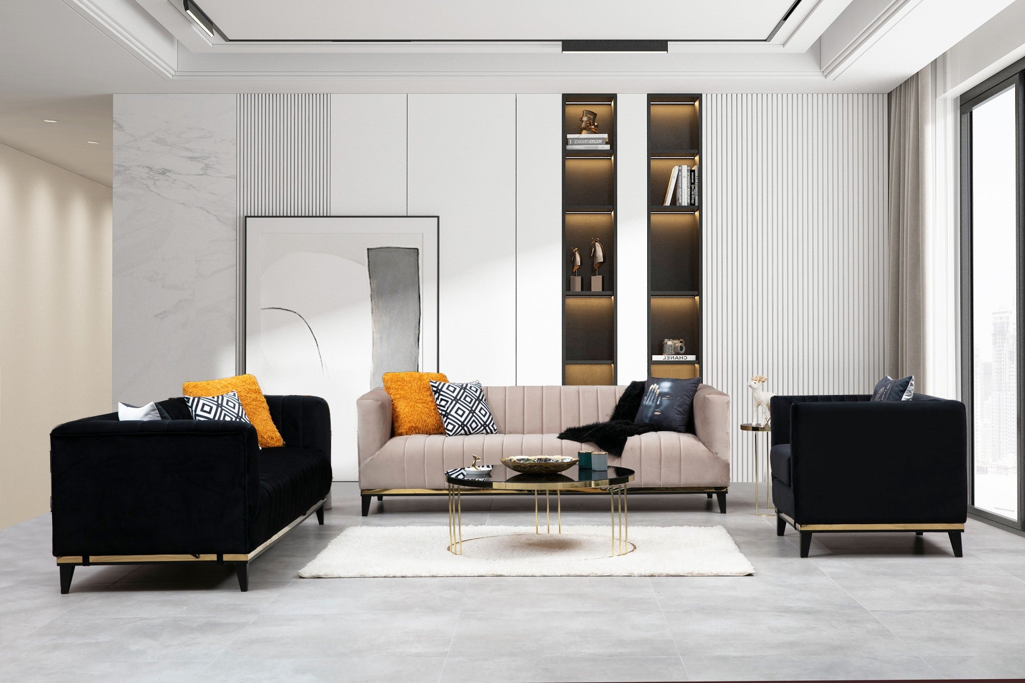 Sofá glamoroso de 3 lugares, estrutura de madeira de faia e aglomerado, 222 cm | 100% poliéster, almofadas fixas, design preto e dourado, inclui 2 almofadas, elegante e estiloso!