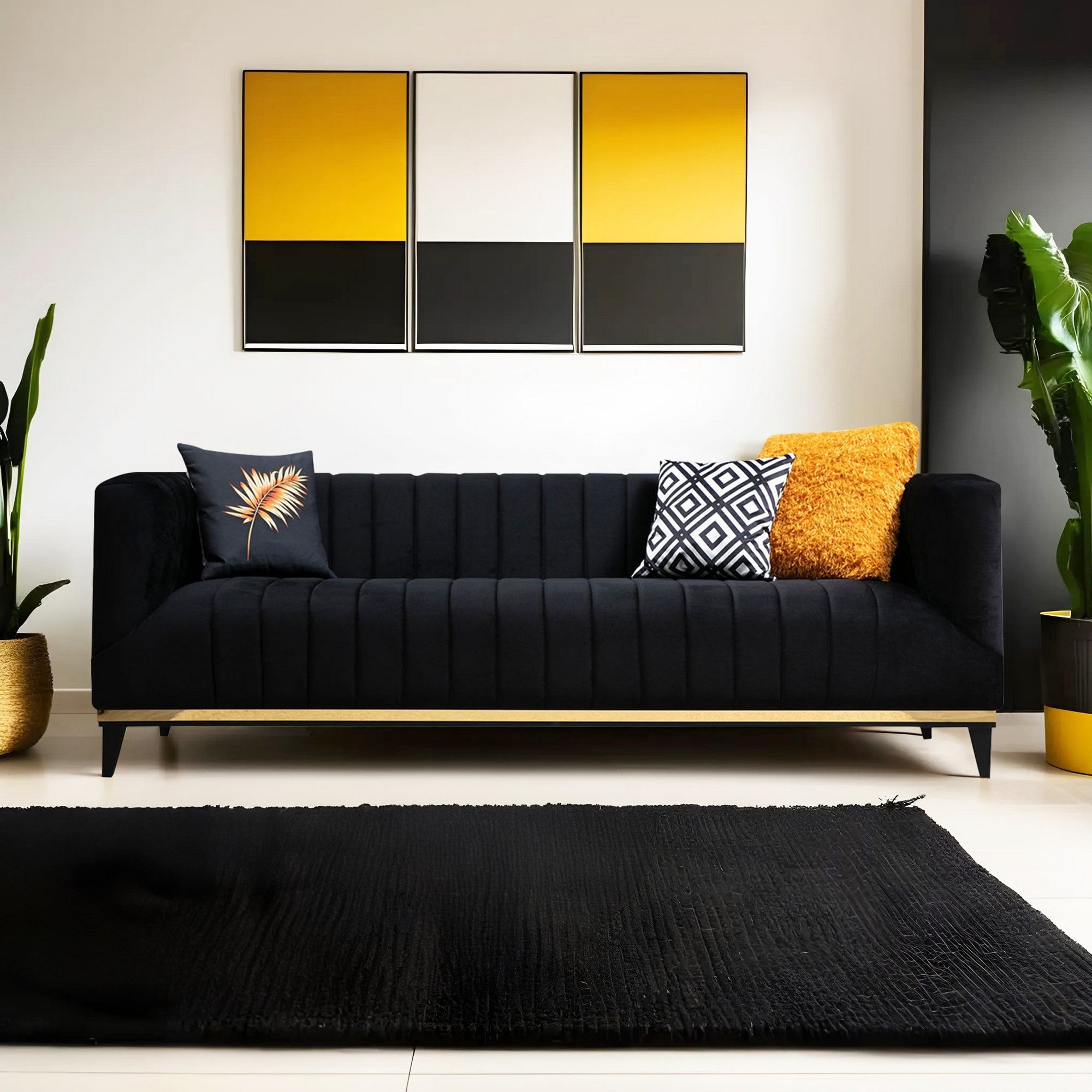 Sofá glamoroso de 3 lugares, estrutura de madeira de faia e aglomerado, 222 cm | 100% poliéster, almofadas fixas, design preto e dourado, inclui 2 almofadas, elegante e estiloso!