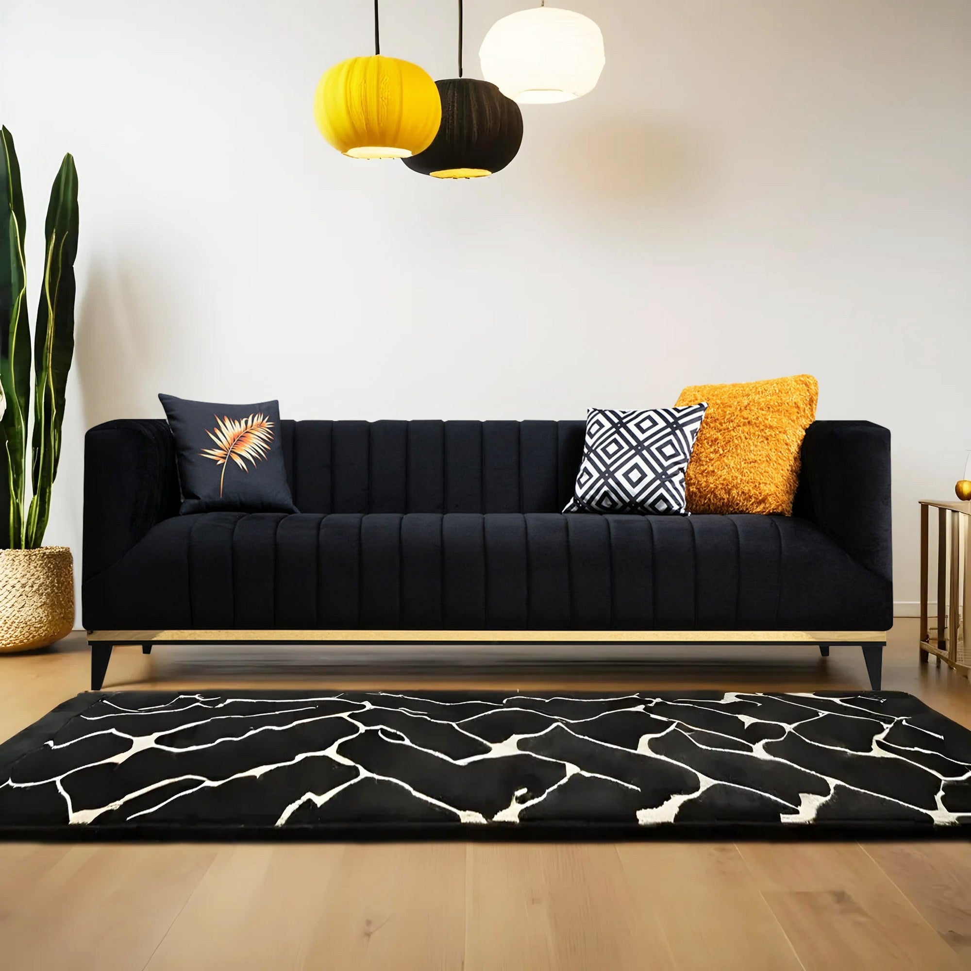 Sofá glamoroso de 3 lugares, estrutura de madeira de faia e aglomerado, 222 cm | 100% poliéster, almofadas fixas, design preto e dourado, inclui 2 almofadas, elegante e estiloso!