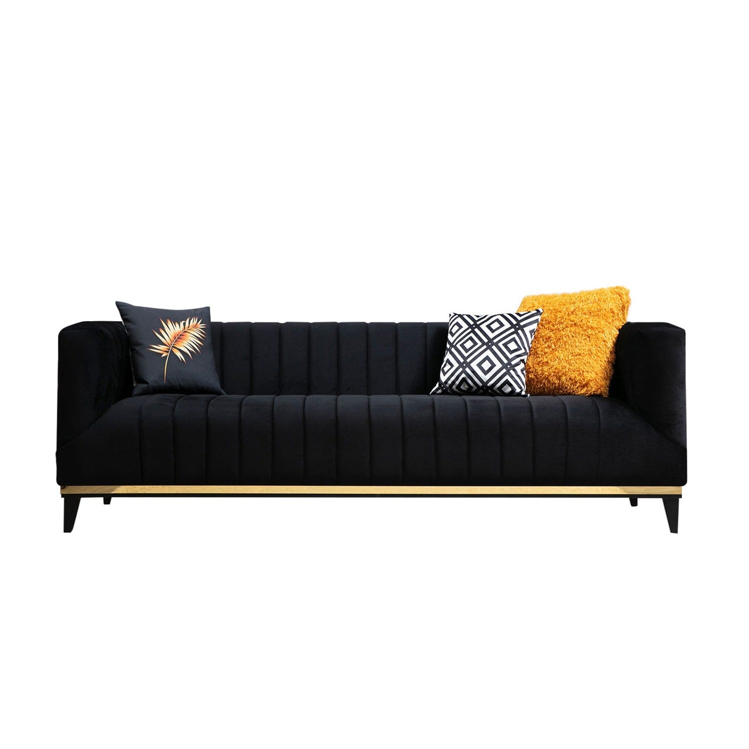 Sofá glamoroso de 3 lugares, estrutura de madeira de faia e aglomerado, 222 cm | 100% poliéster, almofadas fixas, design preto e dourado, inclui 2 almofadas, elegante e estiloso!