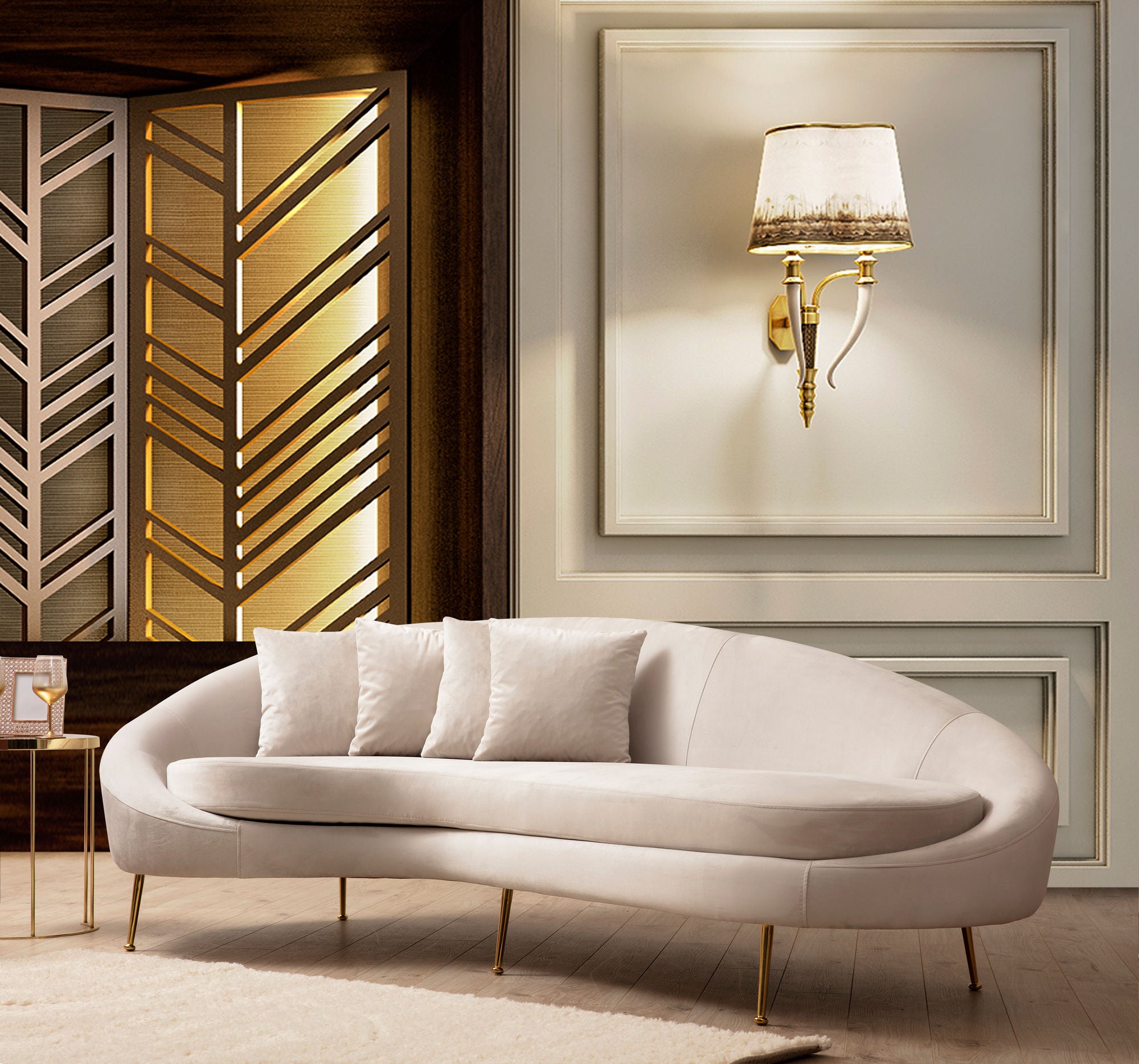 Sofá elegante de 3 lugares, bege, 255 x 120 x 85 cm | Estrutura de madeira de faia, 100% poliéster, pernas de metal dourado | Almofadas macias de espuma e penas, 2 travesseiros incluídos