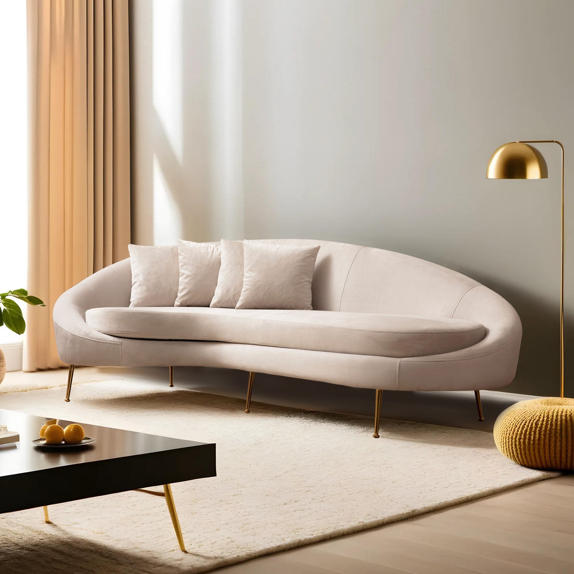 Sofá elegante de 3 lugares, bege, 255 x 120 x 85 cm | Estrutura de madeira de faia, 100% poliéster, pernas de metal dourado | Almofadas macias de espuma e penas, 2 travesseiros incluídos