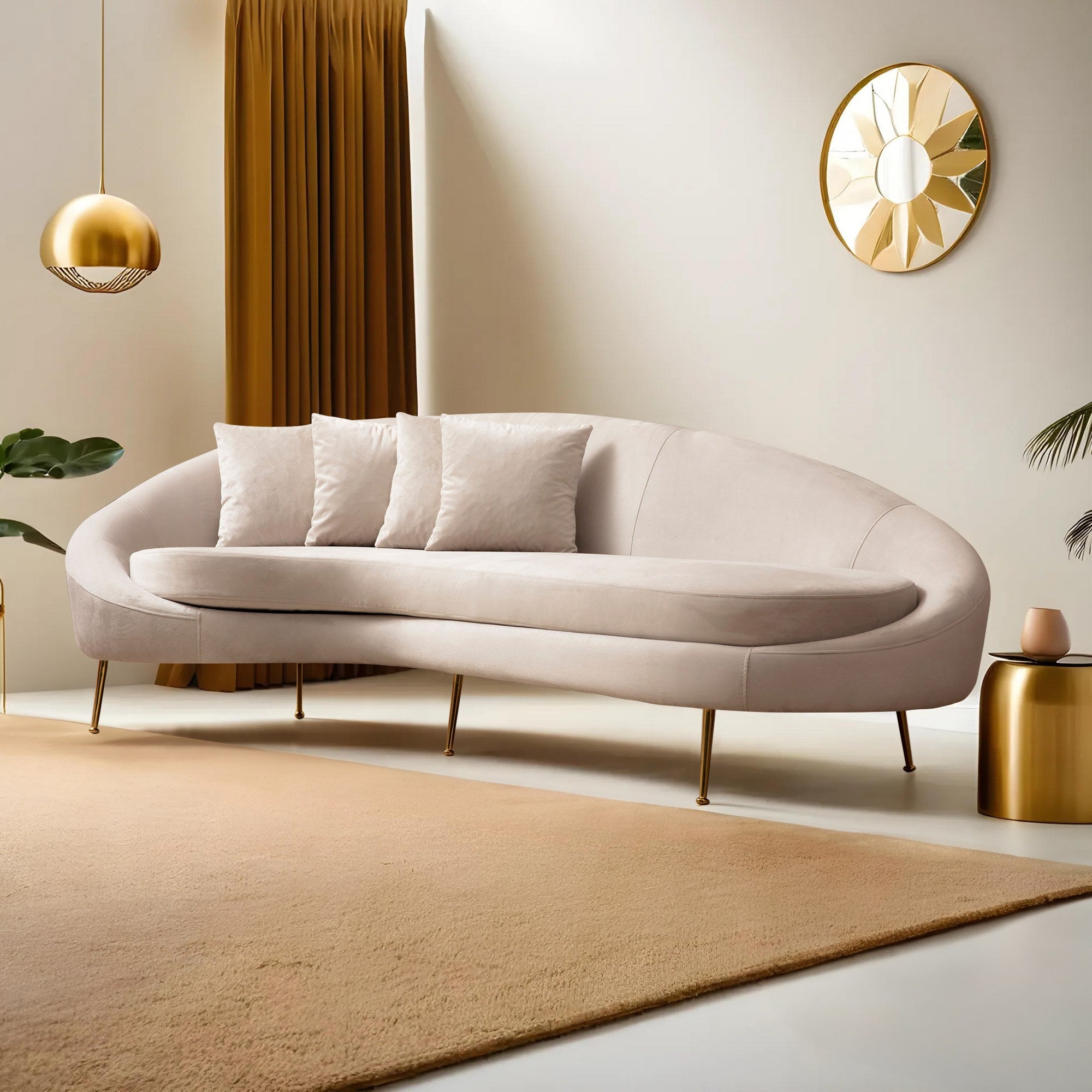 Sofá elegante de 3 lugares, bege, 255 x 120 x 85 cm | Estrutura de madeira de faia, 100% poliéster, pernas de metal dourado | Almofadas macias de espuma e penas, 2 travesseiros incluídos