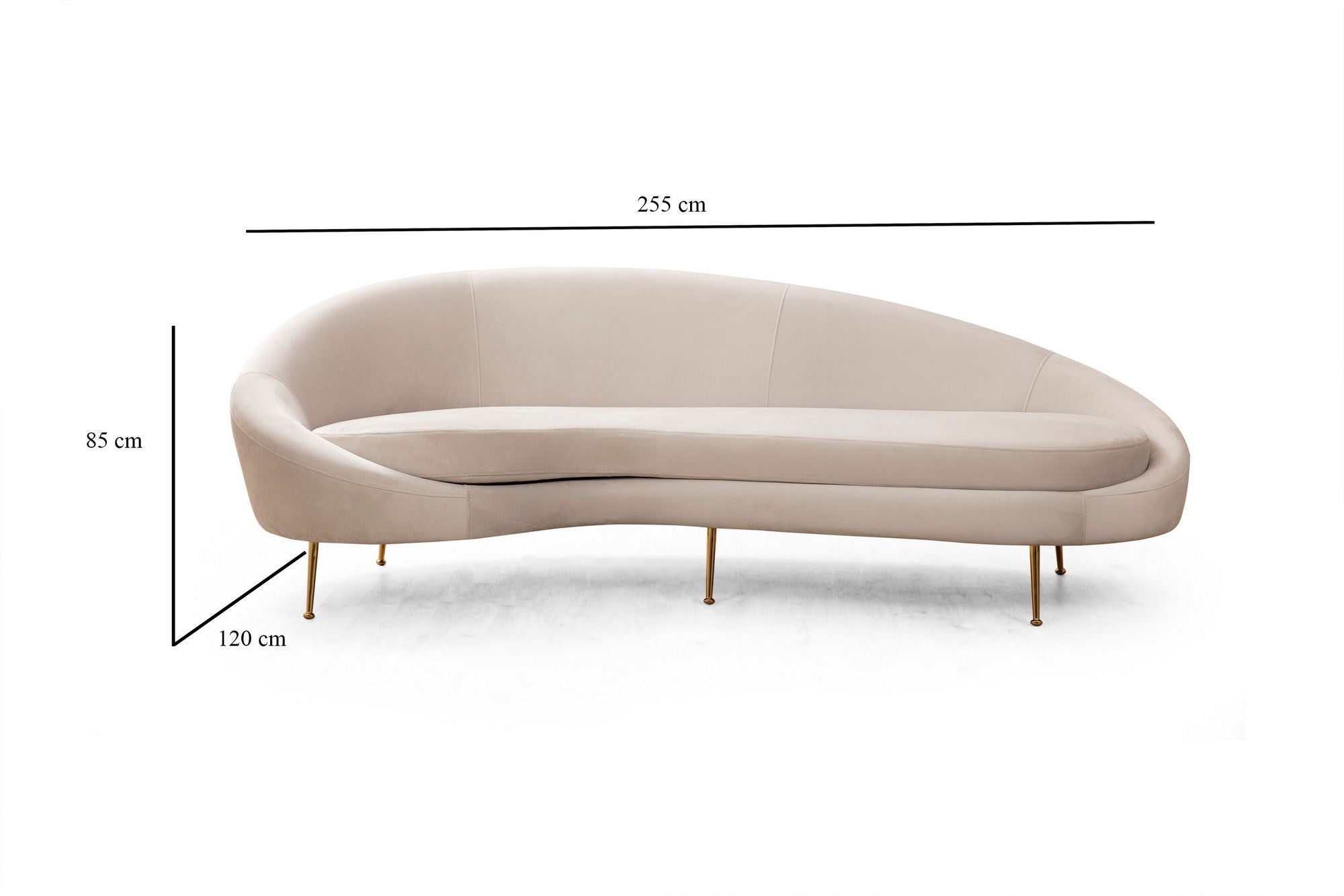 Sofá elegante de 3 lugares, bege, 255 x 120 x 85 cm | Estrutura de madeira de faia, 100% poliéster, pernas de metal dourado | Almofadas macias de espuma e penas, 2 travesseiros incluídos