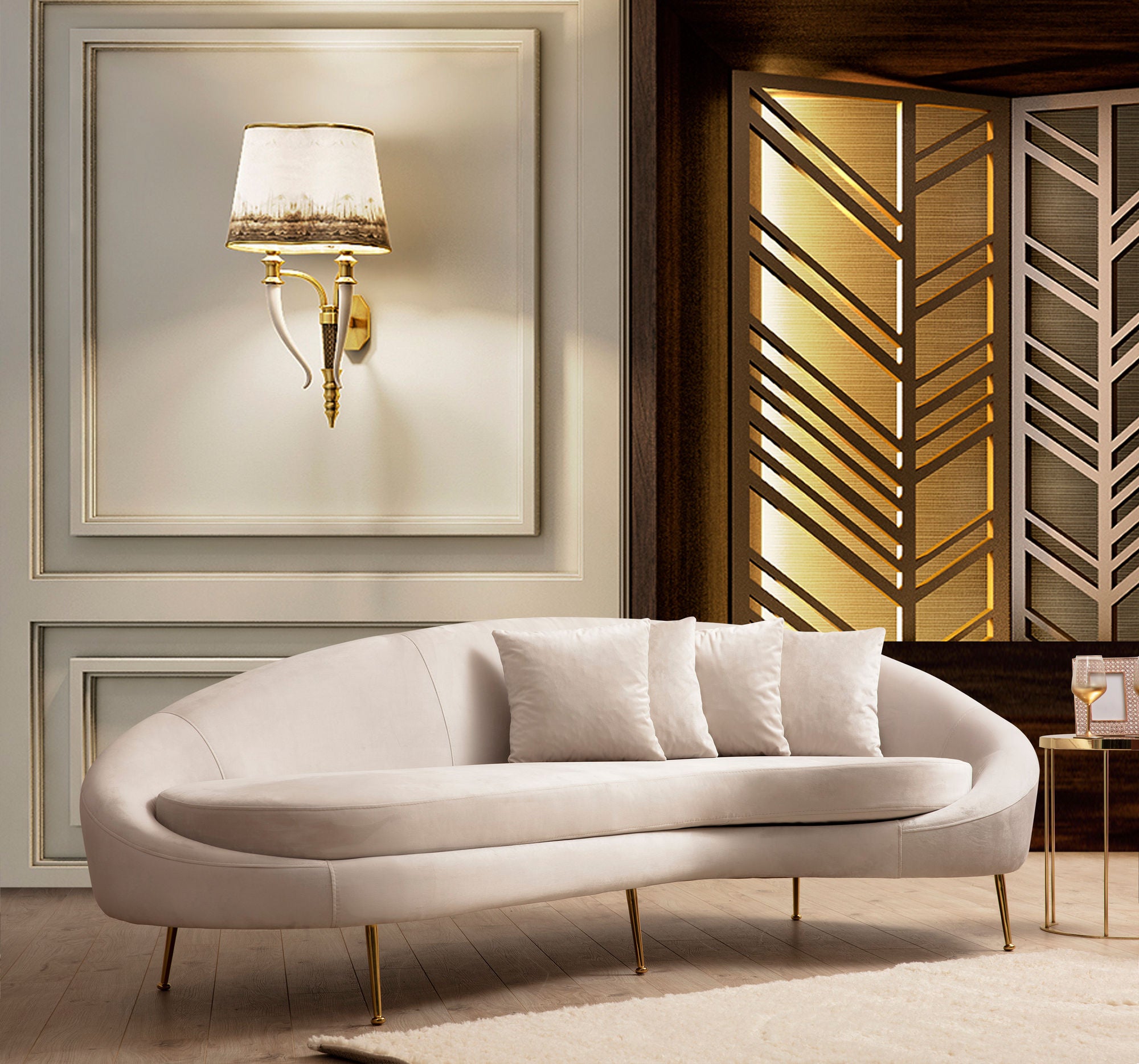 Sofá elegante de 3 lugares, bege, 255 x 120 x 85 cm | Estrutura de madeira de faia, 100% poliéster, pernas de metal dourado | Almofadas macias de espuma e penas, 2 travesseiros incluídos