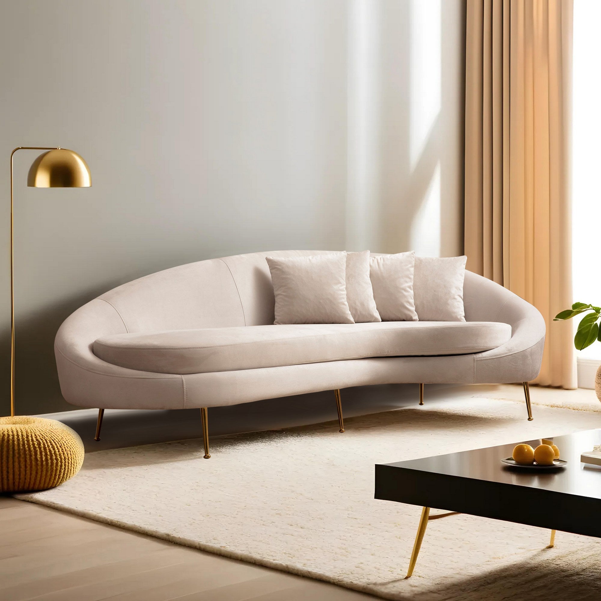 Sofá elegante de 3 lugares, bege, 255 x 120 x 85 cm | Estrutura de madeira de faia, 100% poliéster, pernas de metal dourado | Almofadas macias de espuma e penas, 2 travesseiros incluídos