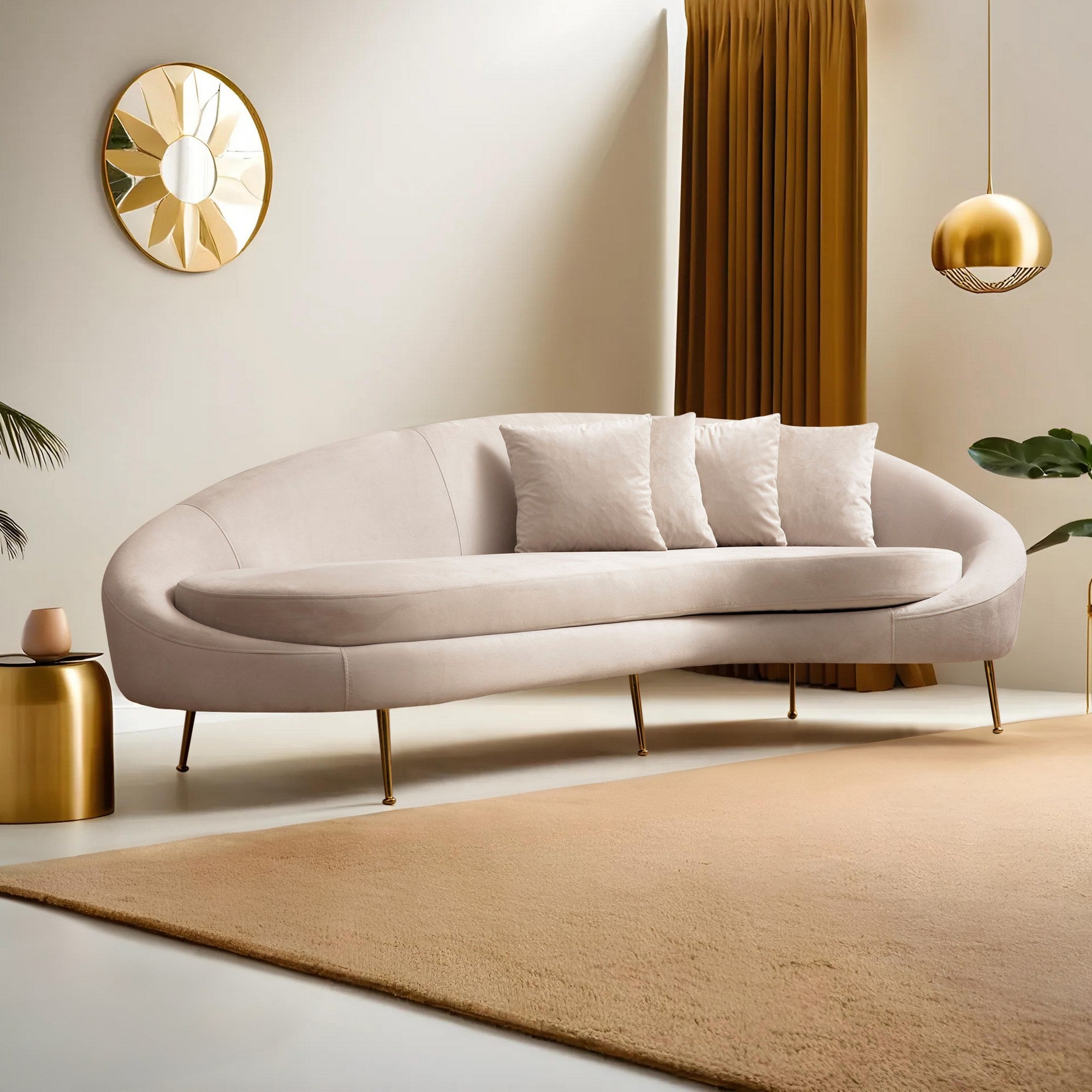 Sofá elegante de 3 lugares, bege, 255 x 120 x 85 cm | Estrutura de madeira de faia, 100% poliéster, pernas de metal dourado | Almofadas macias de espuma e penas, 2 travesseiros incluídos
