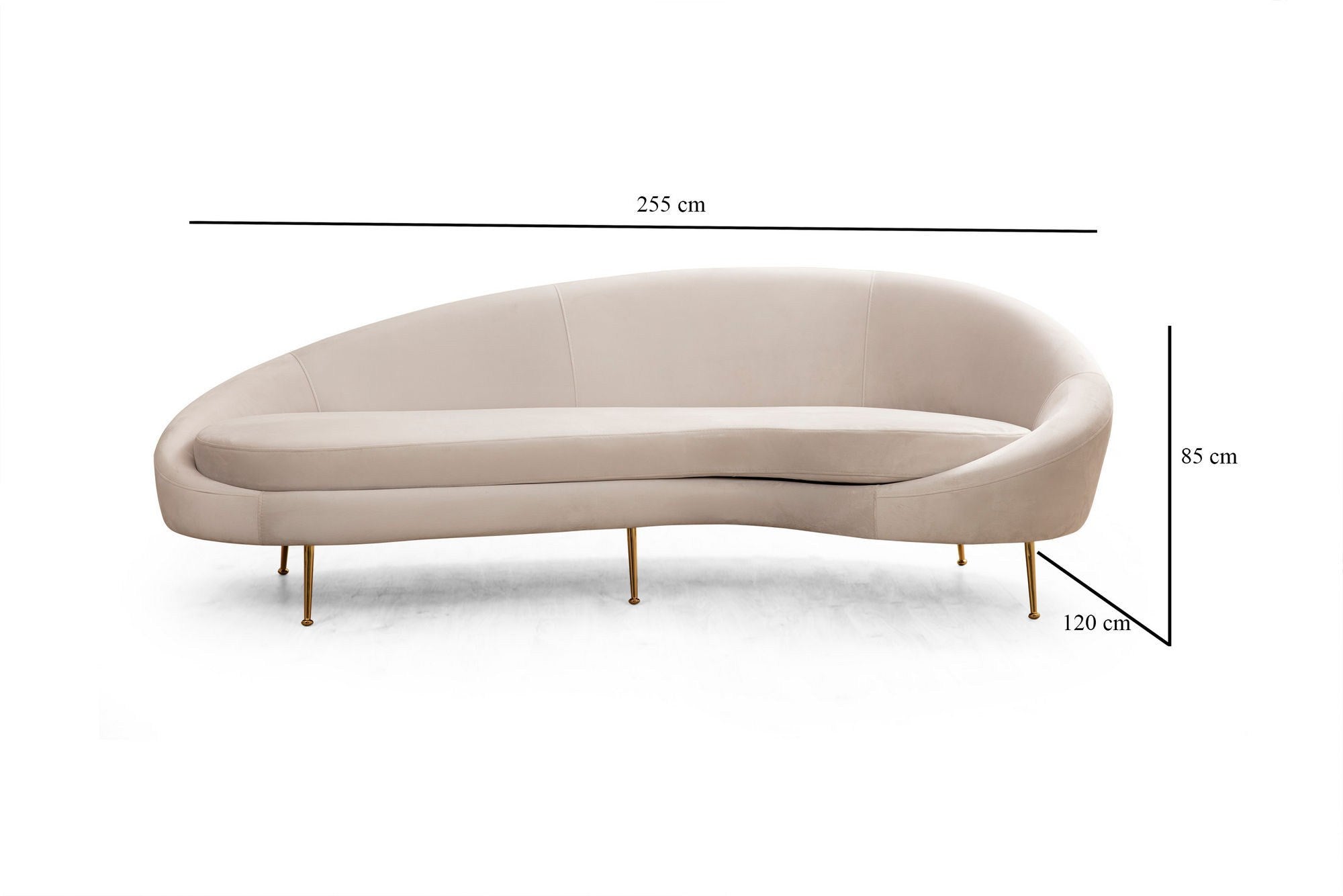 Sofá elegante de 3 lugares, bege, 255 x 120 x 85 cm | Estrutura de madeira de faia, 100% poliéster, pernas de metal dourado | Almofadas macias de espuma e penas, 2 travesseiros incluídos