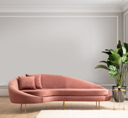 Sofá elegante de 3 lugares em rosa, estrutura de madeira de faia e aglomerado, 255 x 120 x 85 cm | Almofadas de espuma e penas cinza suave, pernas de metal dourado, tecido lavável a seco