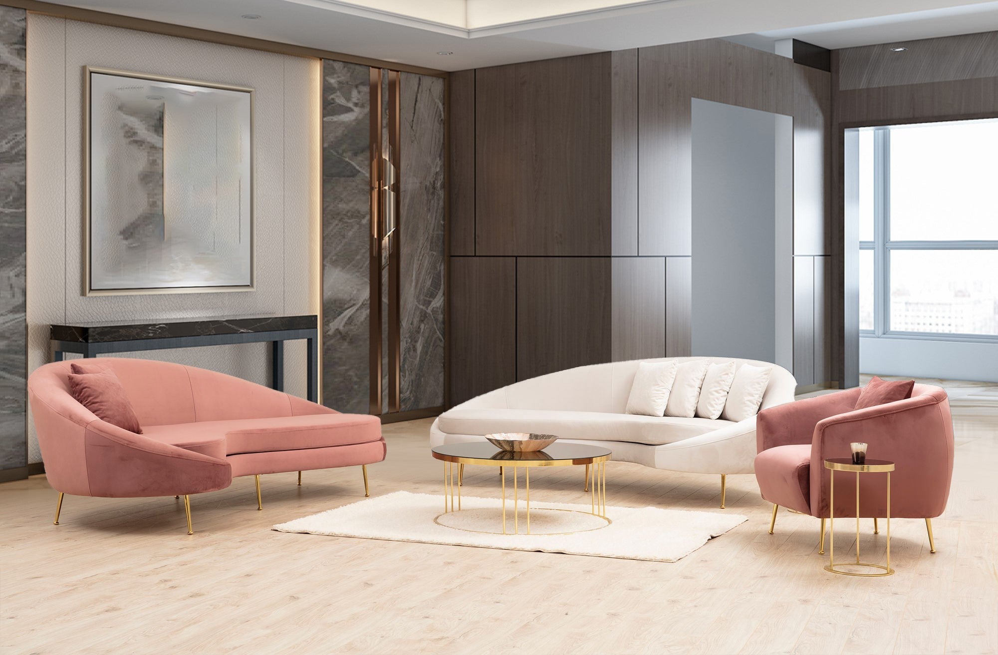 Sofá elegante de 3 lugares em rosa, estrutura de madeira de faia e aglomerado, 255 x 120 x 85 cm | Almofadas de espuma e penas cinza suave, pernas de metal dourado, tecido lavável a seco