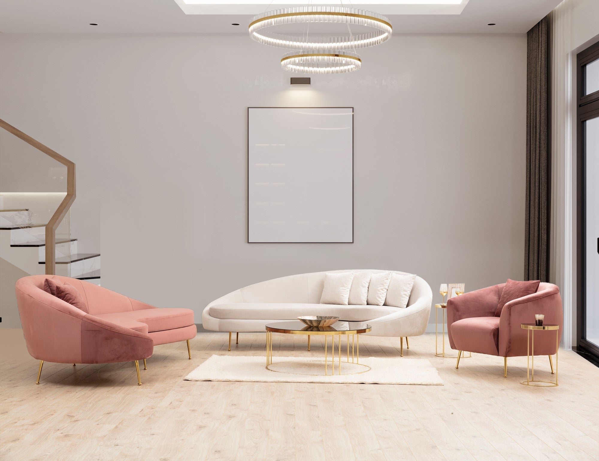 Sofá elegante de 3 lugares em rosa, estrutura de madeira de faia e aglomerado, 255 x 120 x 85 cm | Almofadas de espuma e penas cinza suave, pernas de metal dourado, tecido lavável a seco