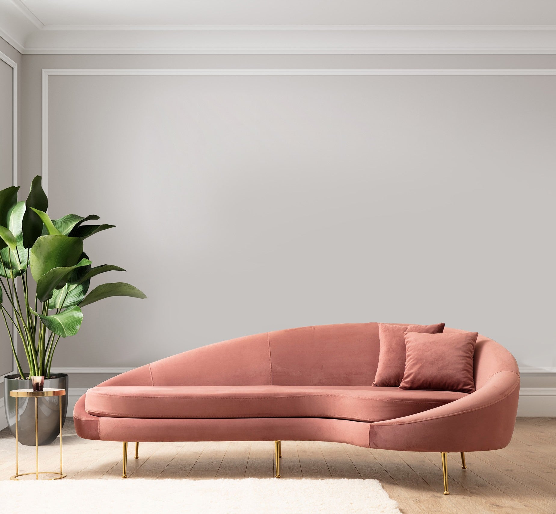 Sofá elegante de 3 lugares, rosa, 255 cm | Estrutura em madeira de faia e aglomerado, 100% poliéster, pernas em metal dourado | Almofadas macias de espuma e penas, 2 travesseiros incluídos