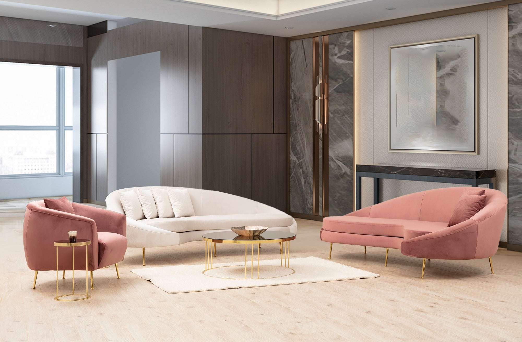 Sofá elegante de 3 lugares, rosa, 255 cm | Estrutura em madeira de faia e aglomerado, 100% poliéster, pernas em metal dourado | Almofadas macias de espuma e penas, 2 travesseiros incluídos