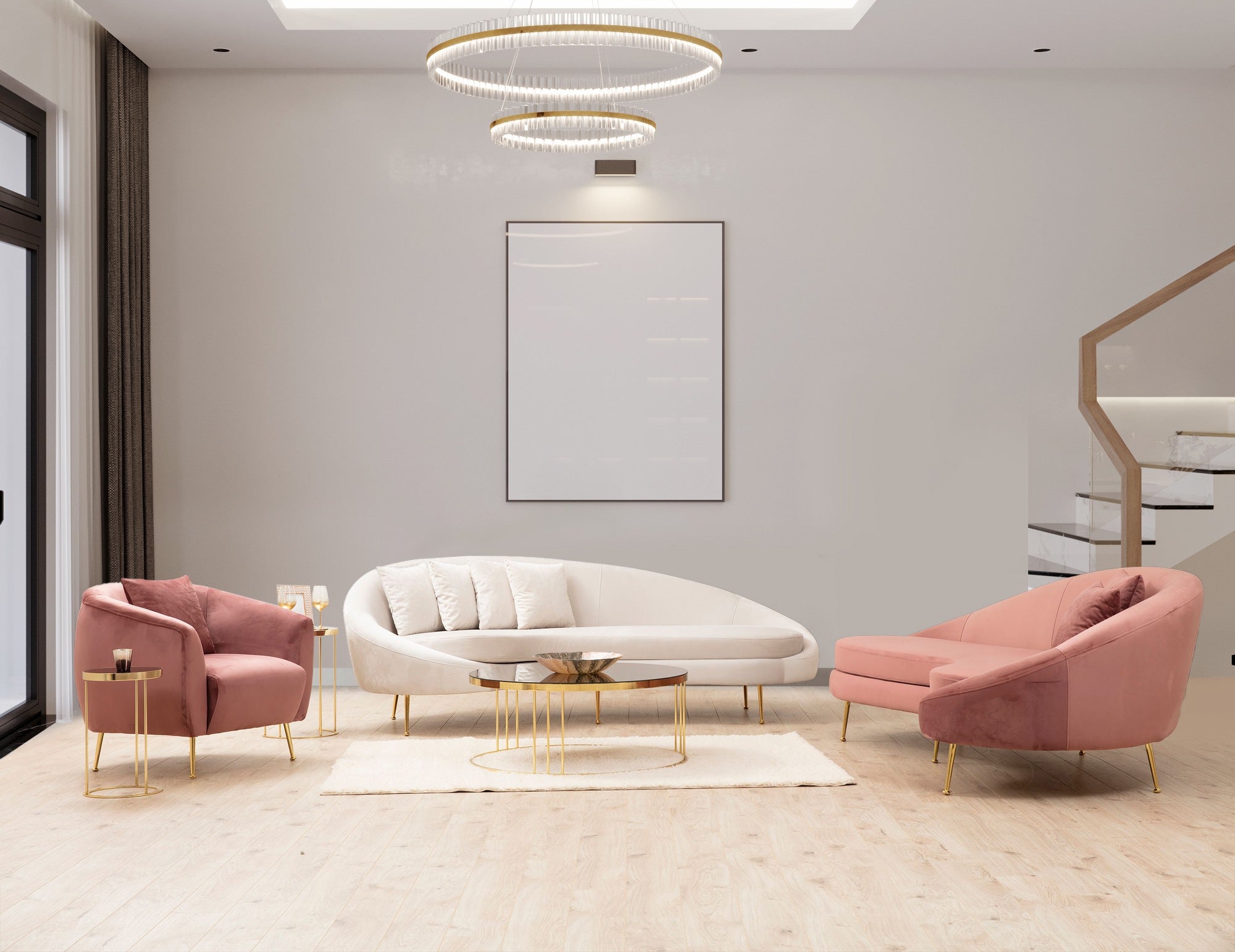 Sofá elegante de 3 lugares, rosa, 255 cm | Estrutura em madeira de faia e aglomerado, 100% poliéster, pernas em metal dourado | Almofadas macias de espuma e penas, 2 travesseiros incluídos