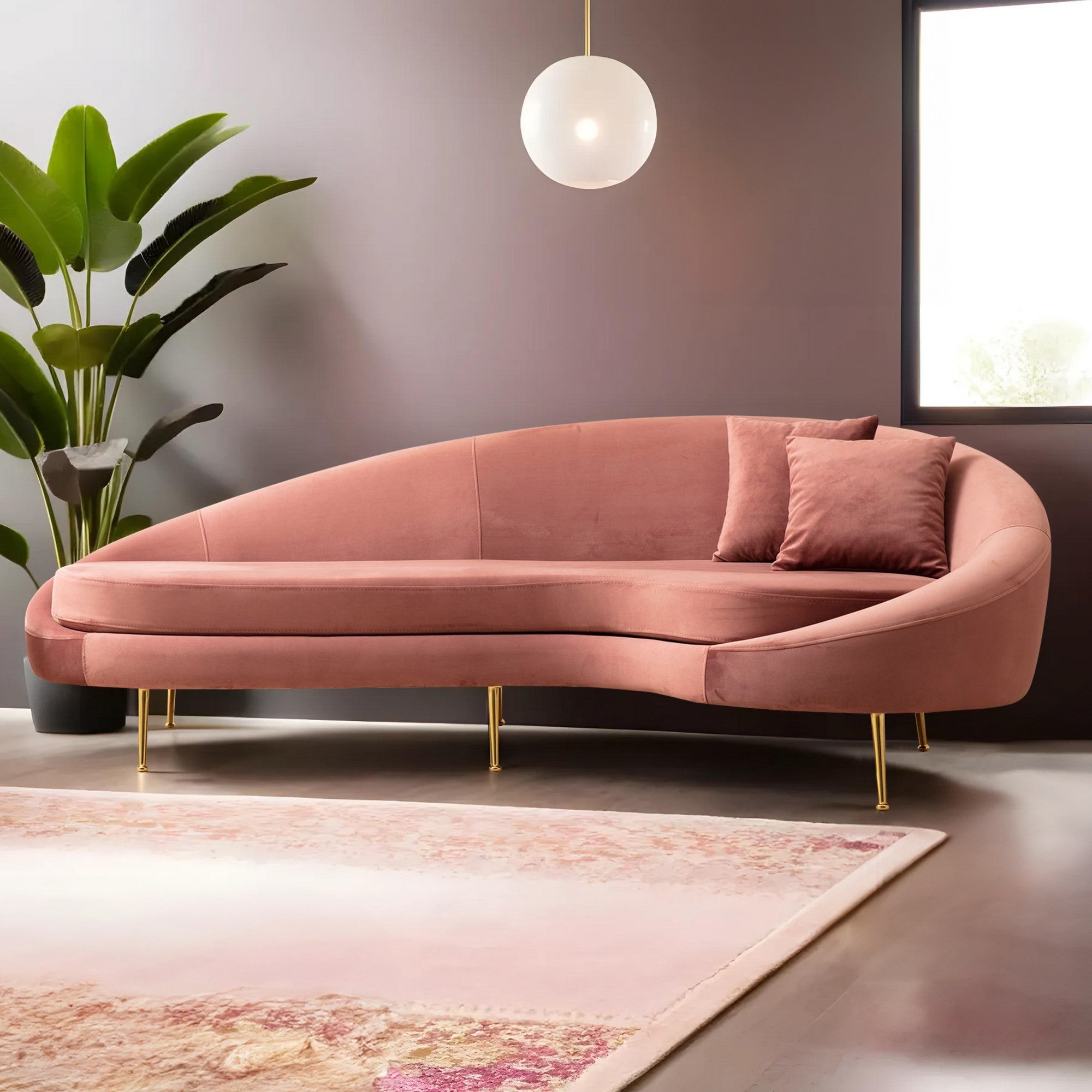 Sofá elegante de 3 lugares, rosa, 255 cm | Estrutura em madeira de faia e aglomerado, 100% poliéster, pernas em metal dourado | Almofadas macias de espuma e penas, 2 travesseiros incluídos