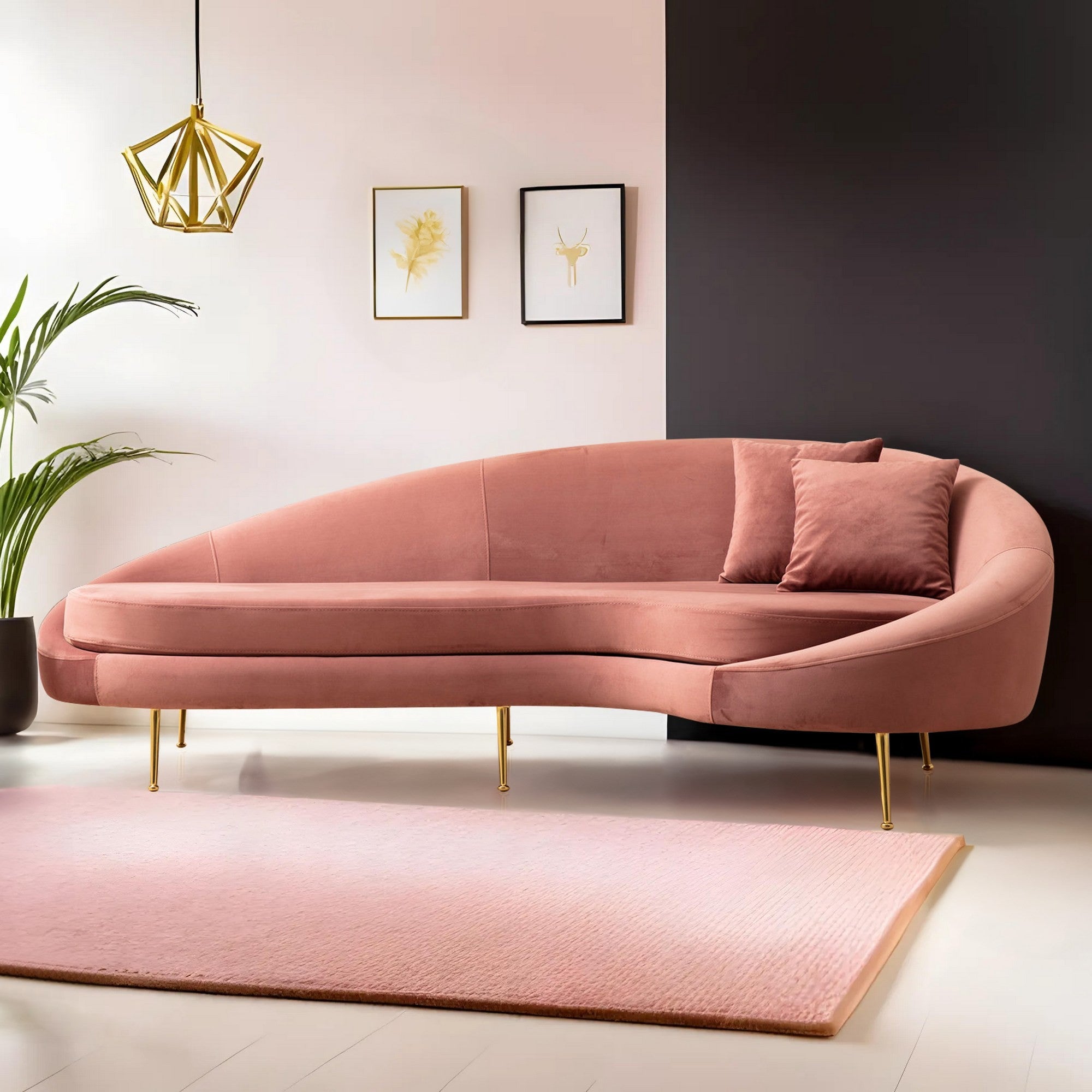 Sofá elegante de 3 lugares, rosa, 255 cm | Estrutura em madeira de faia e aglomerado, 100% poliéster, pernas em metal dourado | Almofadas macias de espuma e penas, 2 travesseiros incluídos