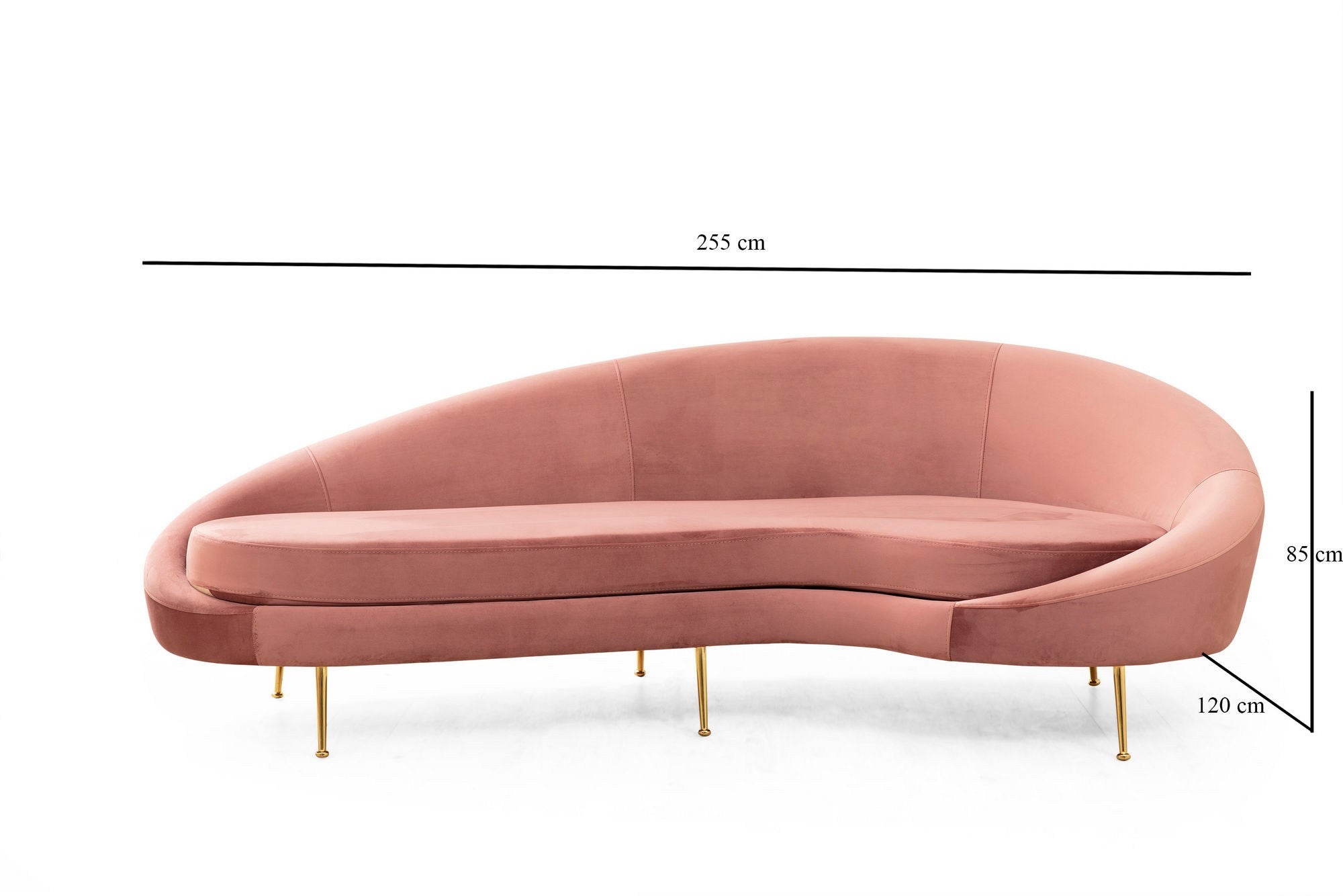 Sofá elegante de 3 lugares, rosa, 255 cm | Estrutura em madeira de faia e aglomerado, 100% poliéster, pernas em metal dourado | Almofadas macias de espuma e penas, 2 travesseiros incluídos