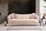 Sofá elegante de 3 lugares, bege, 215 x 90 x 80 cm | Estrutura em madeira de faia, 100% poliéster, pernas em metal dourado | Almofadas macias de espuma e penas, perfeito para decoração glamorosa e escandinava