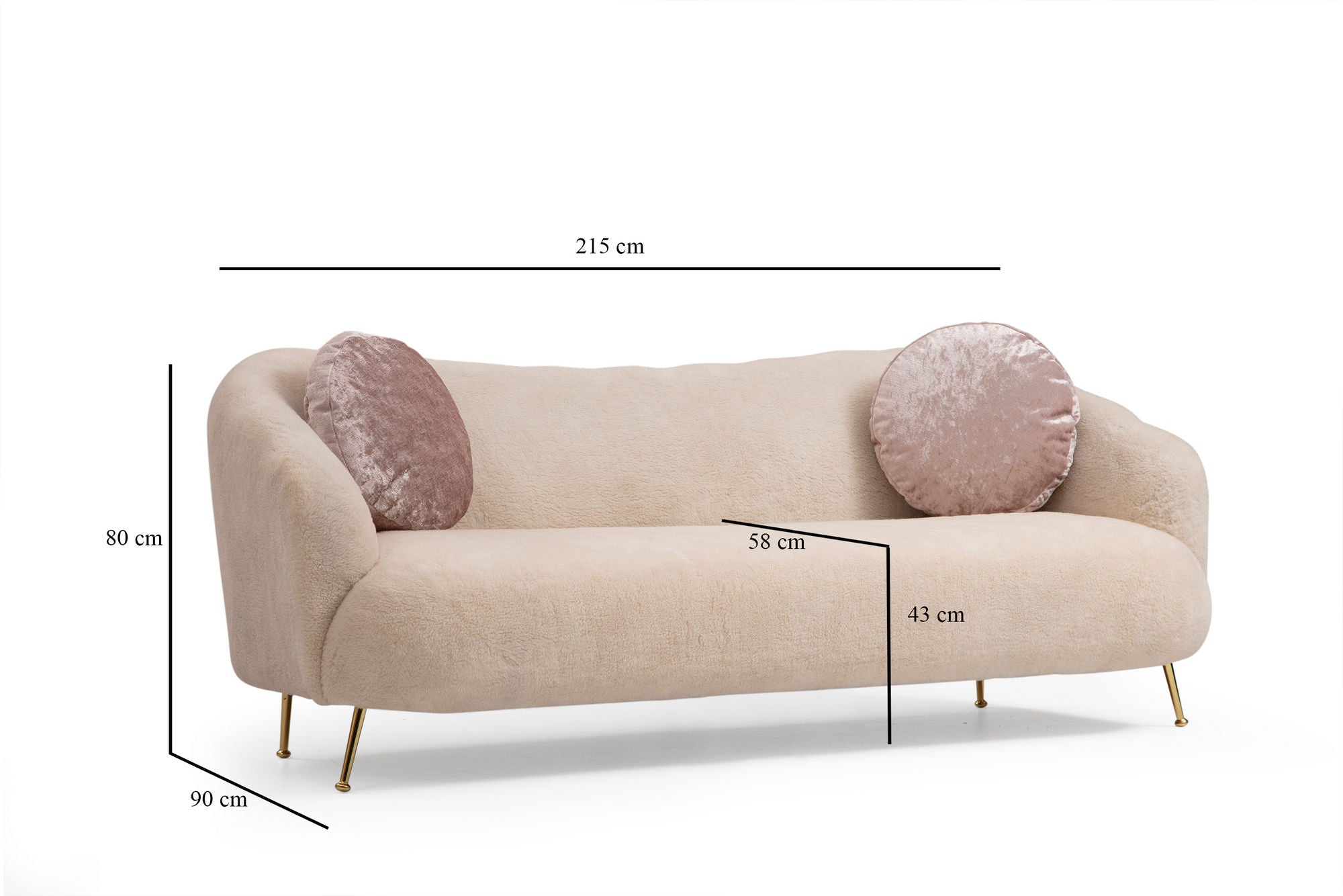 Sofá elegante de 3 lugares, bege, 215 x 90 x 80 cm | Estrutura em madeira de faia, 100% poliéster, pernas em metal dourado | Almofadas macias de espuma e penas, perfeito para decoração glamorosa e escandinava