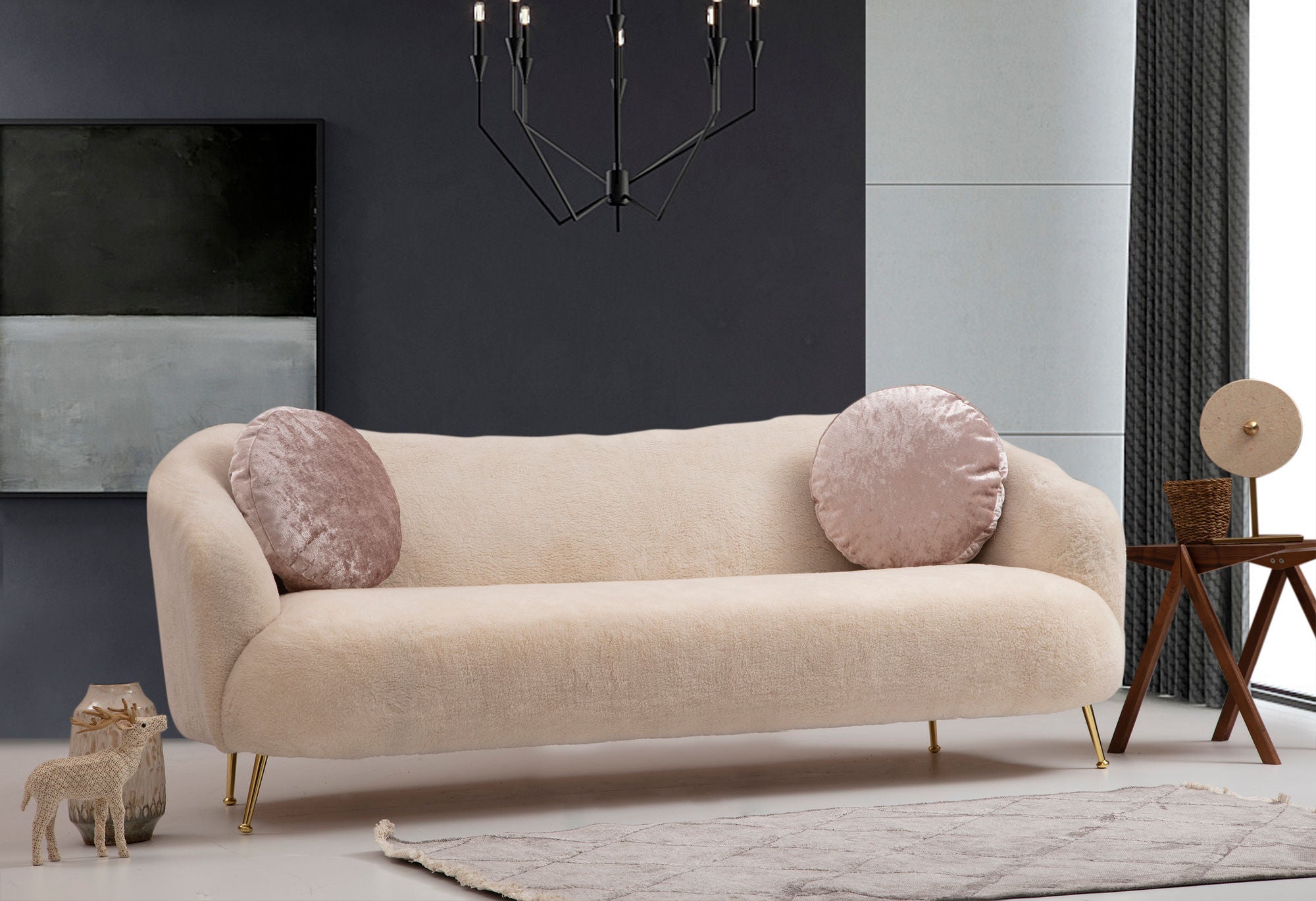 Sofá elegante de 3 lugares, bege, 215 x 90 x 80 cm | Estrutura em madeira de faia, 100% poliéster, pernas em metal dourado | Almofadas macias de espuma e penas, perfeito para decoração glamorosa e escandinava