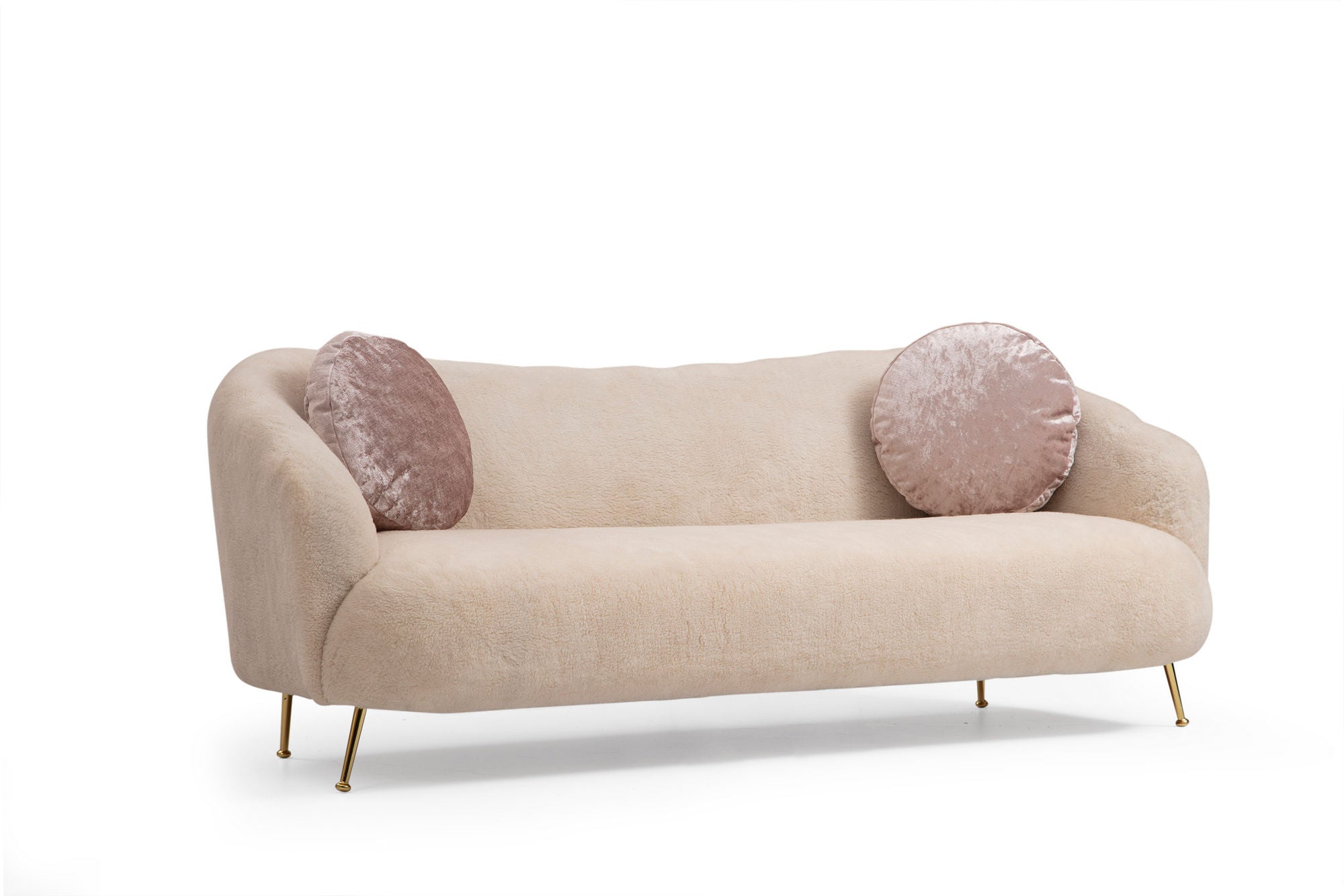 Sofá elegante de 3 lugares, bege, 215 x 90 x 80 cm | Estrutura em madeira de faia, 100% poliéster, pernas em metal dourado | Almofadas macias de espuma e penas, perfeito para decoração glamorosa e escandinava