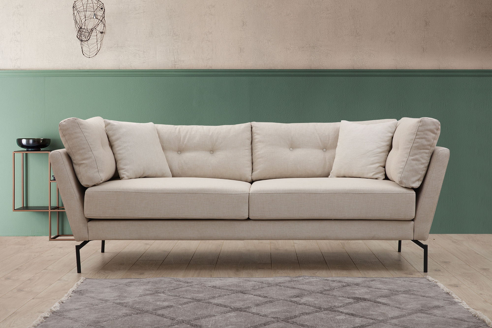 Sofá elegante de 3 lugares, cor creme, 214 x 90 x 84 cm | Estrutura de madeira de faia, tecido de poliéster macio, almofadas portáteis, design industrial moderno