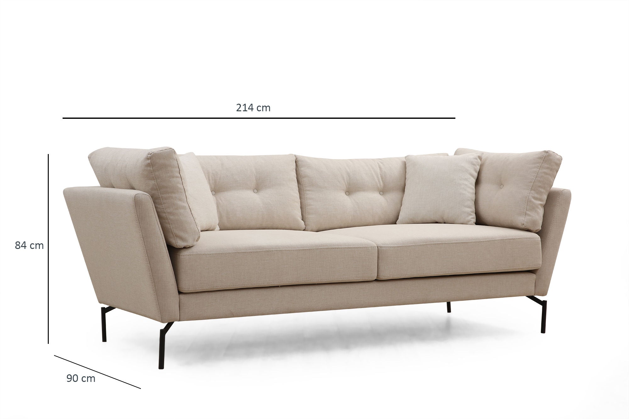 Sofá elegante de 3 lugares, cor creme, 214 x 90 x 84 cm | Estrutura de madeira de faia, tecido de poliéster macio, almofadas portáteis, design industrial moderno