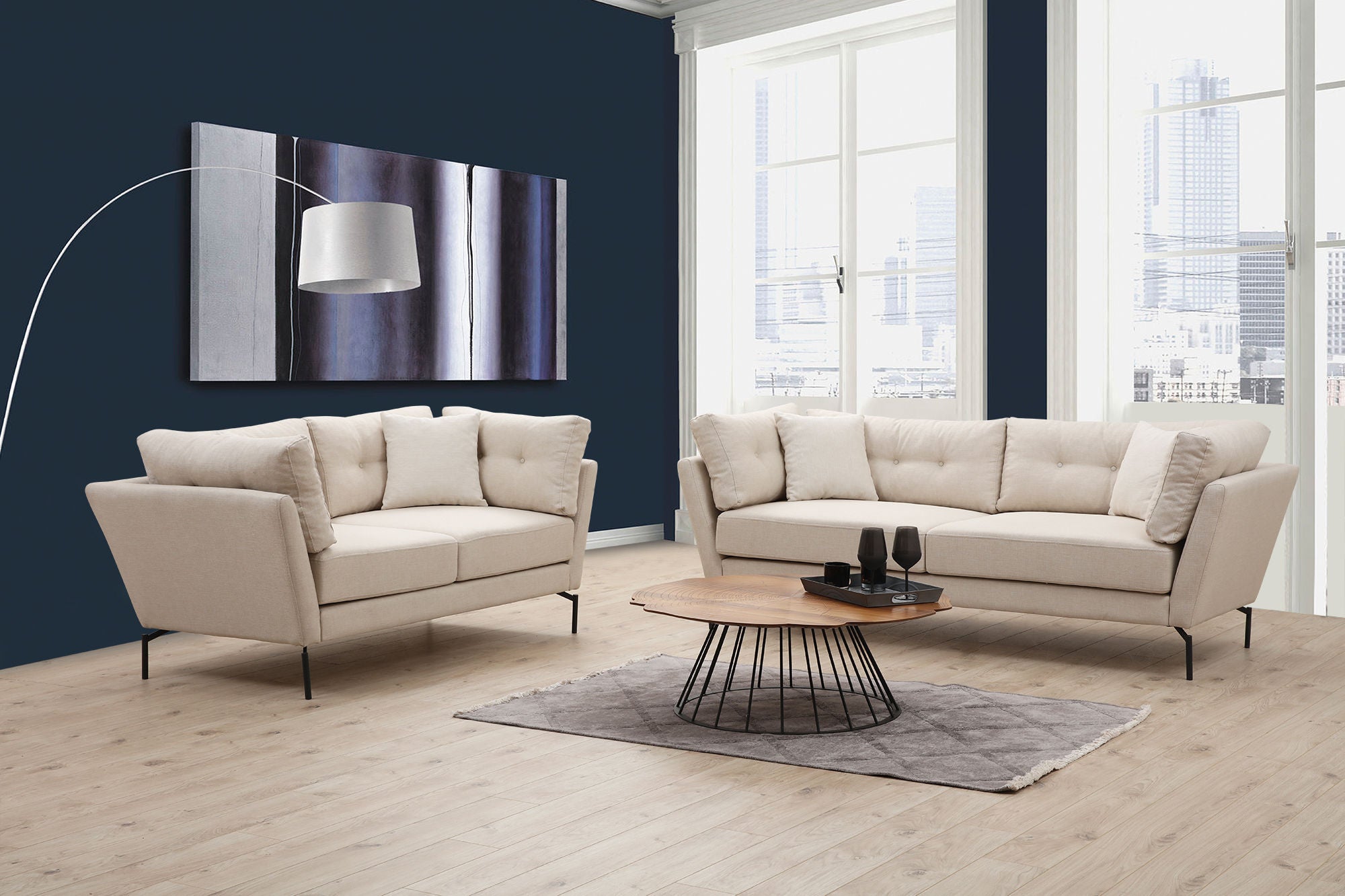 Sofá elegante de 3 lugares, cor creme, 214 x 90 x 84 cm | Estrutura de madeira de faia, tecido de poliéster macio, almofadas portáteis, design industrial moderno