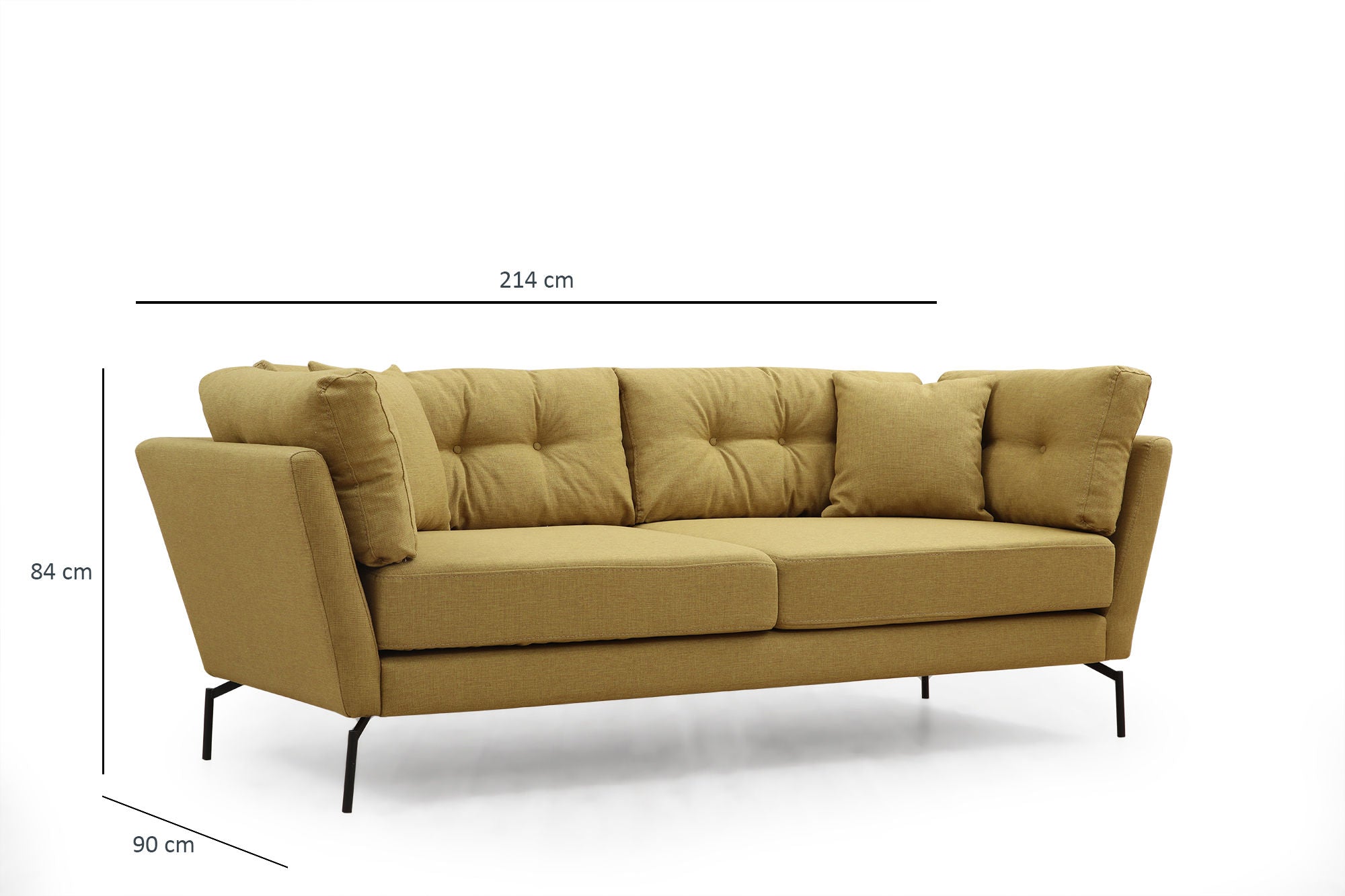 Sofá elegante de 3 lugares, amarelo-esverdeado, 214 x 90 x 84 cm | Estrutura de madeira de faia, 100% poliéster, espuma macia, pernas de metal | Perfeito para salas de estar e hotéis modernos