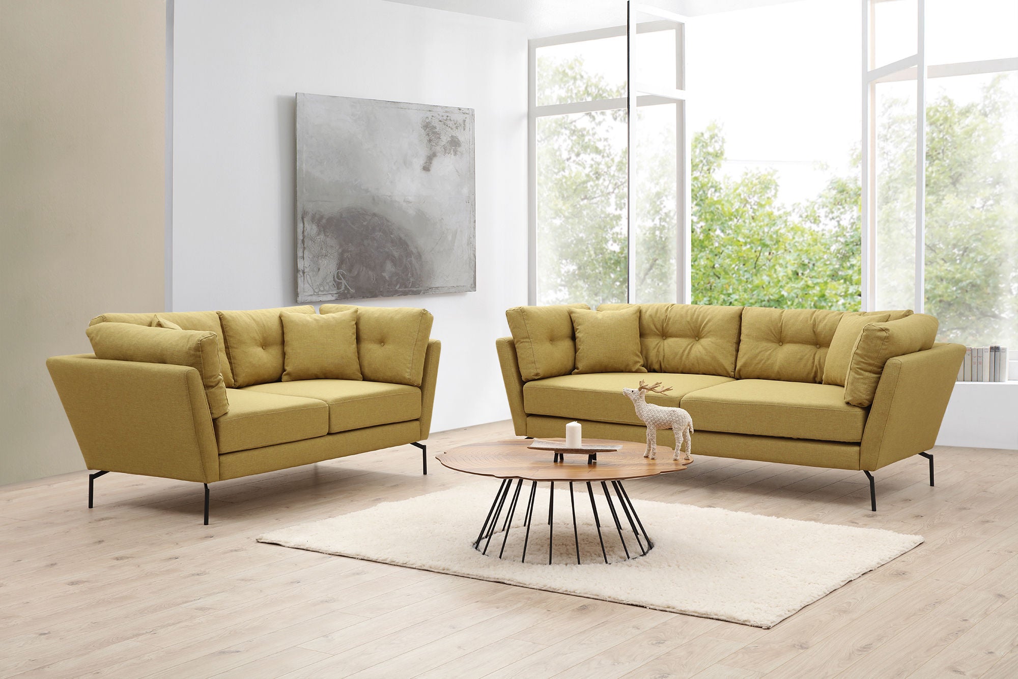 Sofá elegante de 3 lugares, amarelo-esverdeado, 214 x 90 x 84 cm | Estrutura de madeira de faia, 100% poliéster, espuma macia, pernas de metal | Perfeito para salas de estar e hotéis modernos