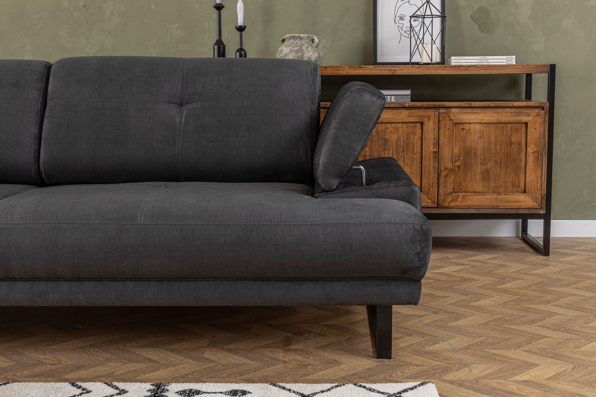Sofá-cama elegante de 3 lugares, antracite, 239 x 99 x 83 cm | Estrutura em madeira de faia e aglomerado, 100% poliéster, encosto ajustável, design industrial moderno