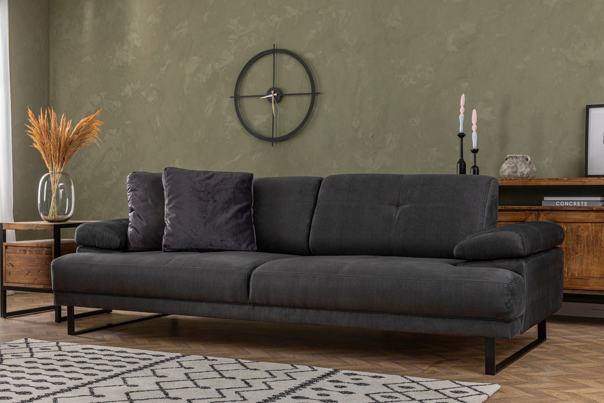 Sofá-cama elegante de 3 lugares, antracite, 239 x 99 x 83 cm | Estrutura em madeira de faia e aglomerado, 100% poliéster, encosto ajustável, design industrial moderno
