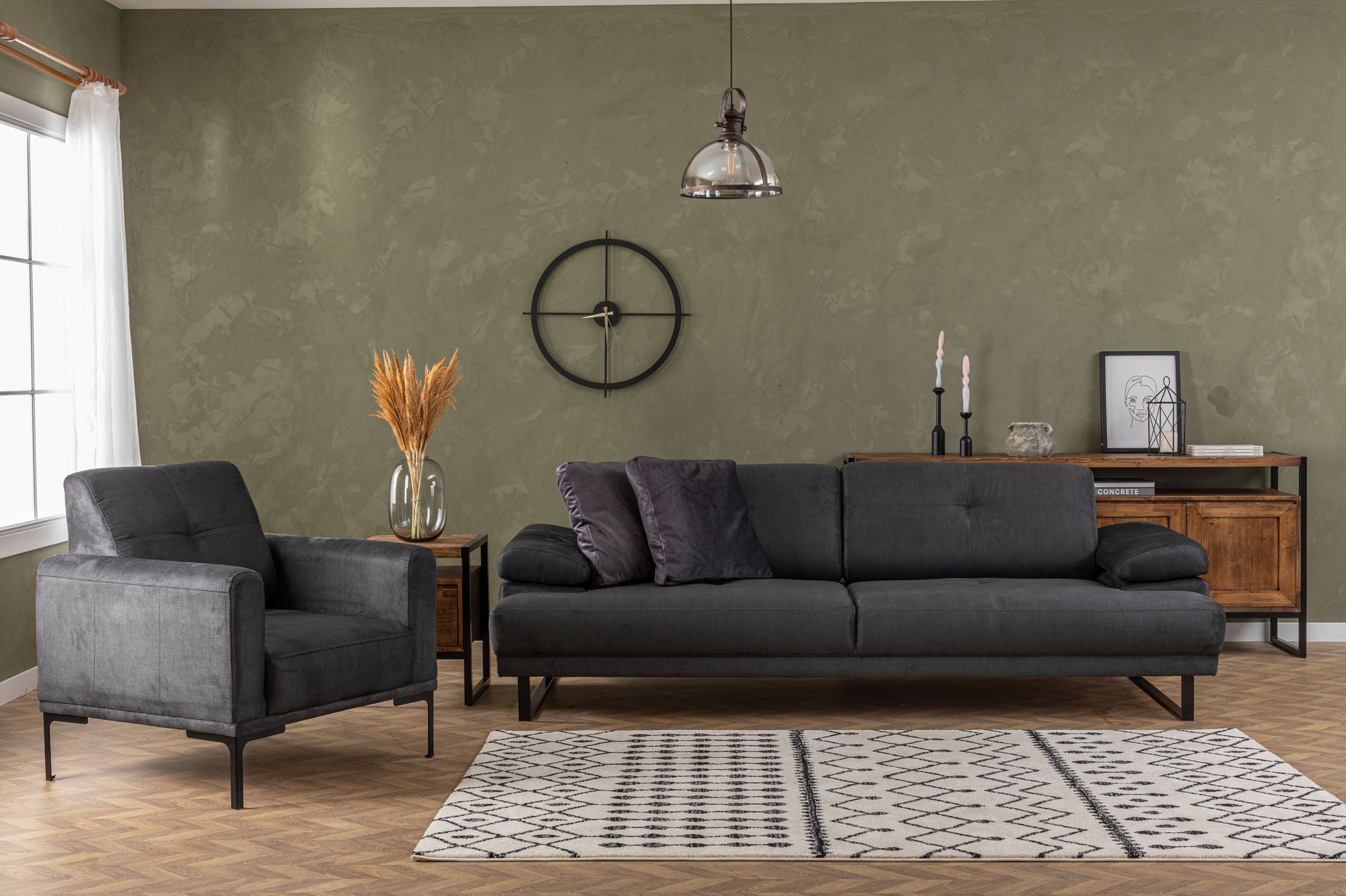 Sofá-cama elegante de 3 lugares, antracite, 239 x 99 x 83 cm | Estrutura em madeira de faia e aglomerado, 100% poliéster, encosto ajustável, design industrial moderno