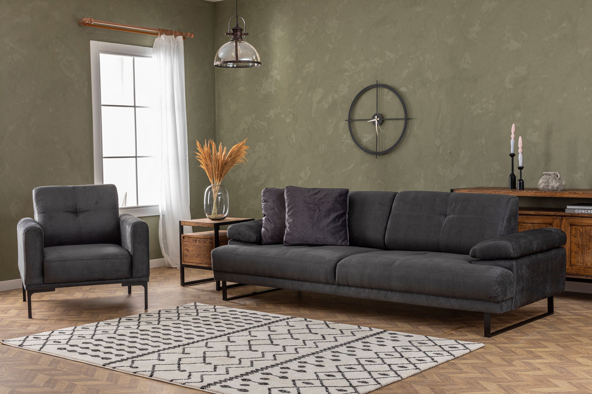 Sofá-cama elegante de 3 lugares, antracite, 239 x 99 x 83 cm | Estrutura em madeira de faia e aglomerado, 100% poliéster, encosto ajustável, design industrial moderno