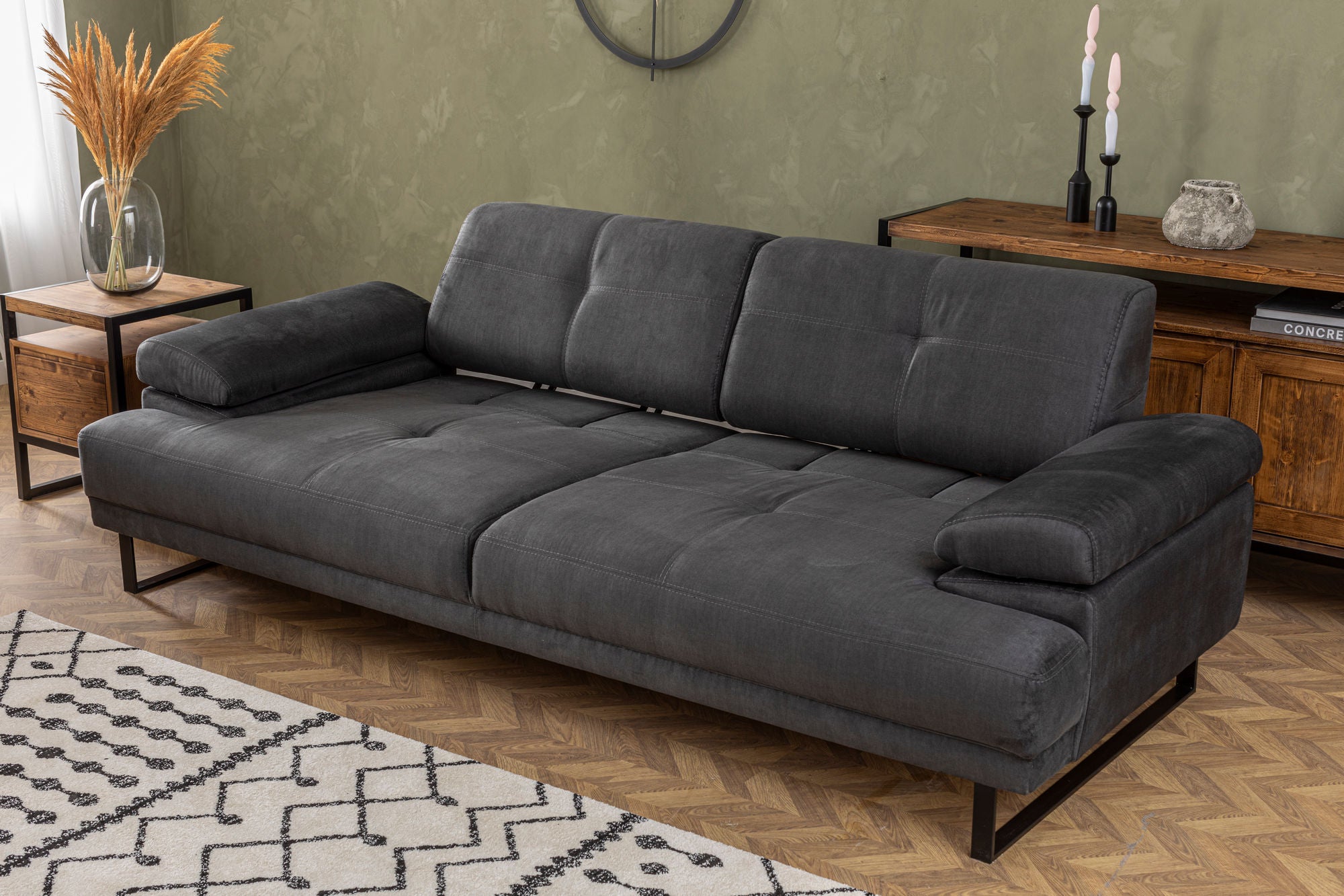 Sofá-cama elegante de 3 lugares, antracite, 239 x 99 x 83 cm | Estrutura em madeira de faia e aglomerado, 100% poliéster, encosto ajustável, design industrial moderno