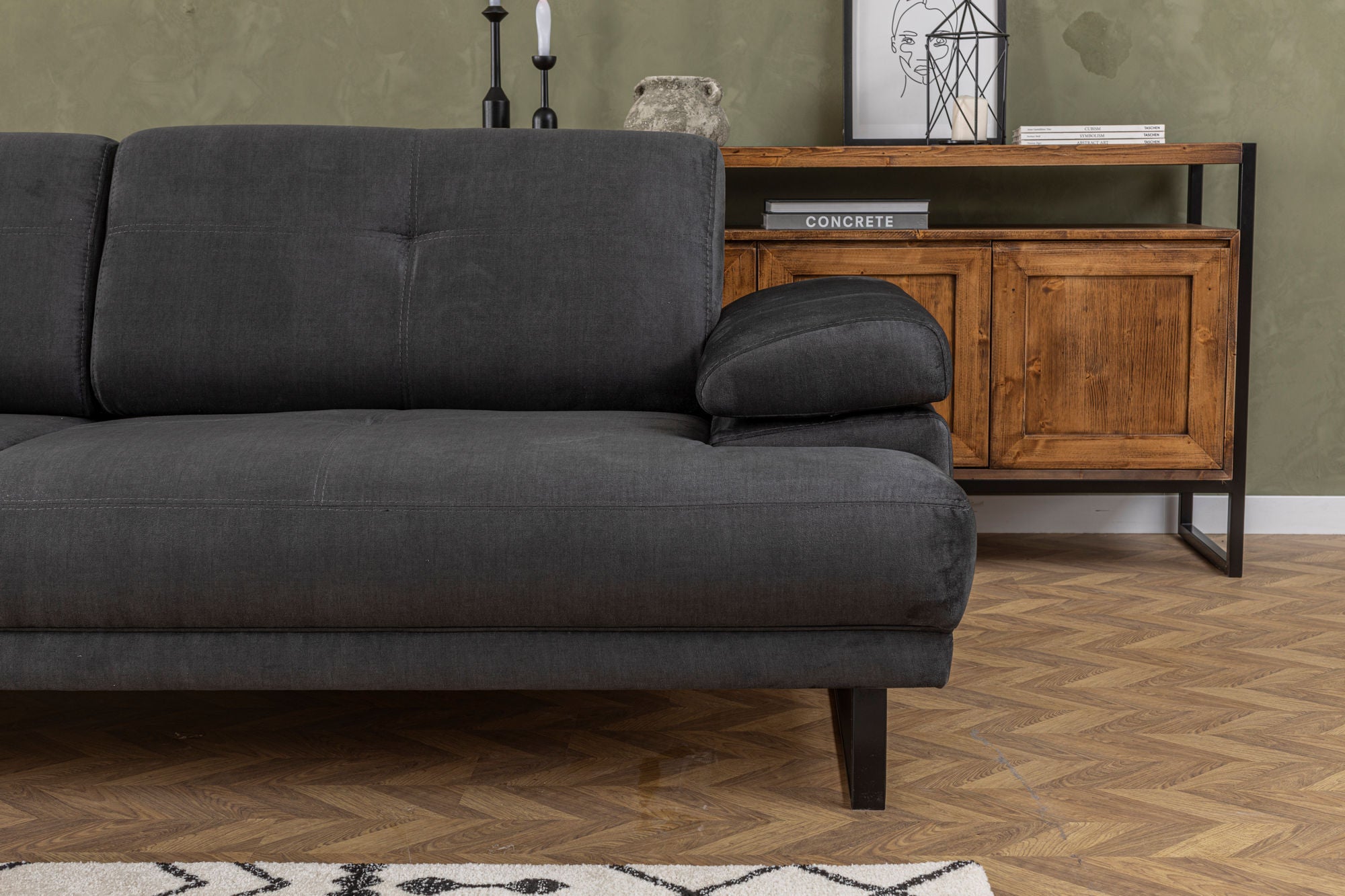 Sofá-cama elegante de 3 lugares, antracite, 239 x 99 x 83 cm | Estrutura em madeira de faia e aglomerado, 100% poliéster, encosto ajustável, design industrial moderno