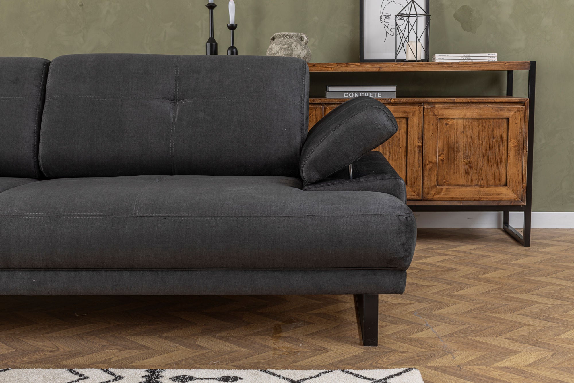 Sofá-cama elegante de 3 lugares, antracite, 239 x 99 x 83 cm | Estrutura em madeira de faia e aglomerado, 100% poliéster, encosto ajustável, design industrial moderno