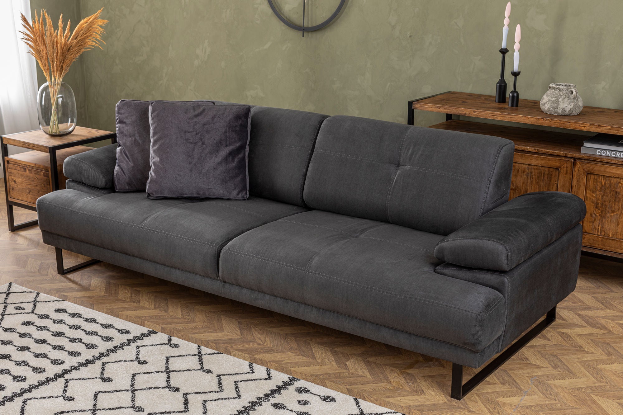 Sofá-cama elegante de 3 lugares, antracite, 239 x 99 x 83 cm | Estrutura em madeira de faia e aglomerado, 100% poliéster, encosto ajustável, design industrial moderno